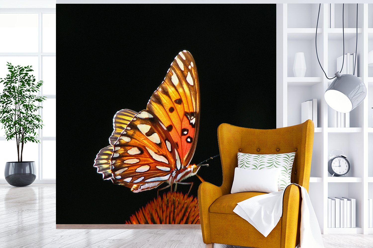 MuchoWow Fototapete Schmetterling (4 - St), Schlafzimmer - Küche, - Vliestapete Schwarz Wohnzimmer - Orange, Porträt Fototapete bedruckt, Matt, - für Insekt Blumen