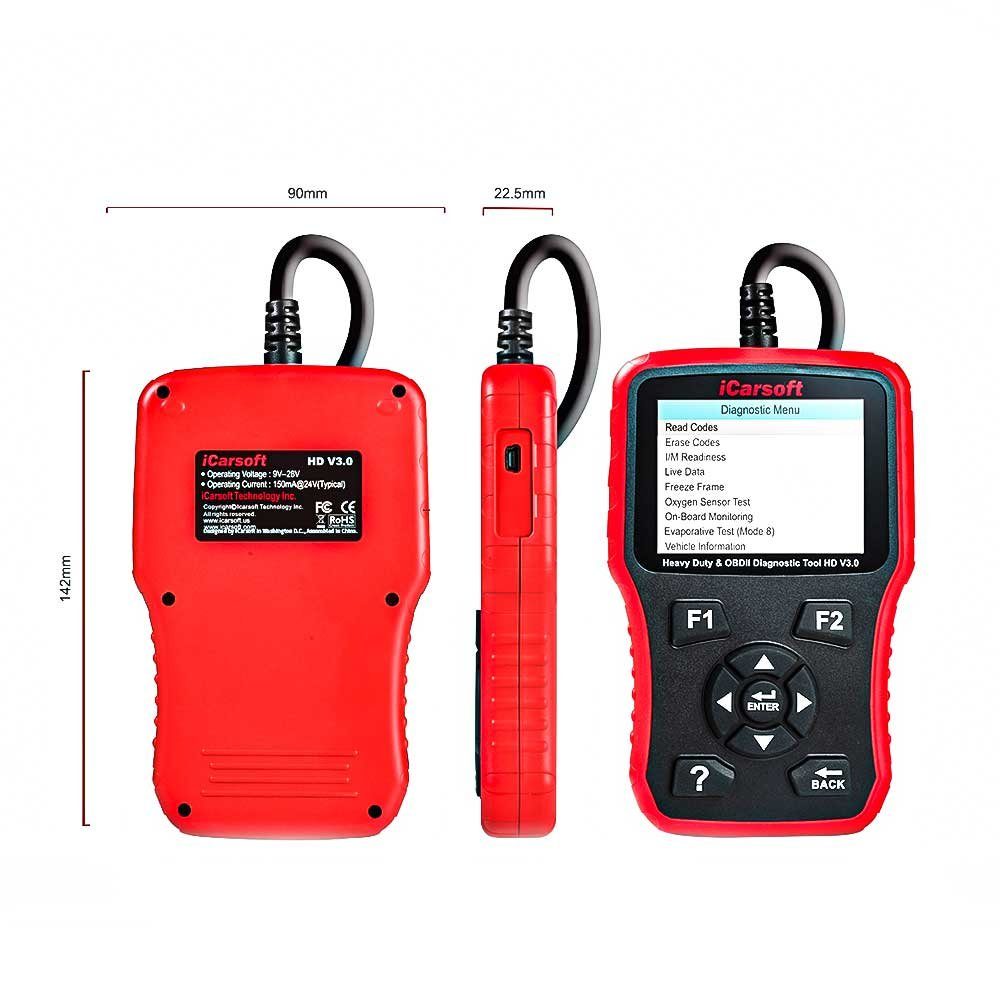 iCarsoft OBD2-Diagnosegerät HD V3.0 professionelles Diagnosegerät OBDII für schwere Fahrzeuge, LKW, Mehrsprachiges Menü und DTC-Definitionen - Englisch, Deutsch, etc.
