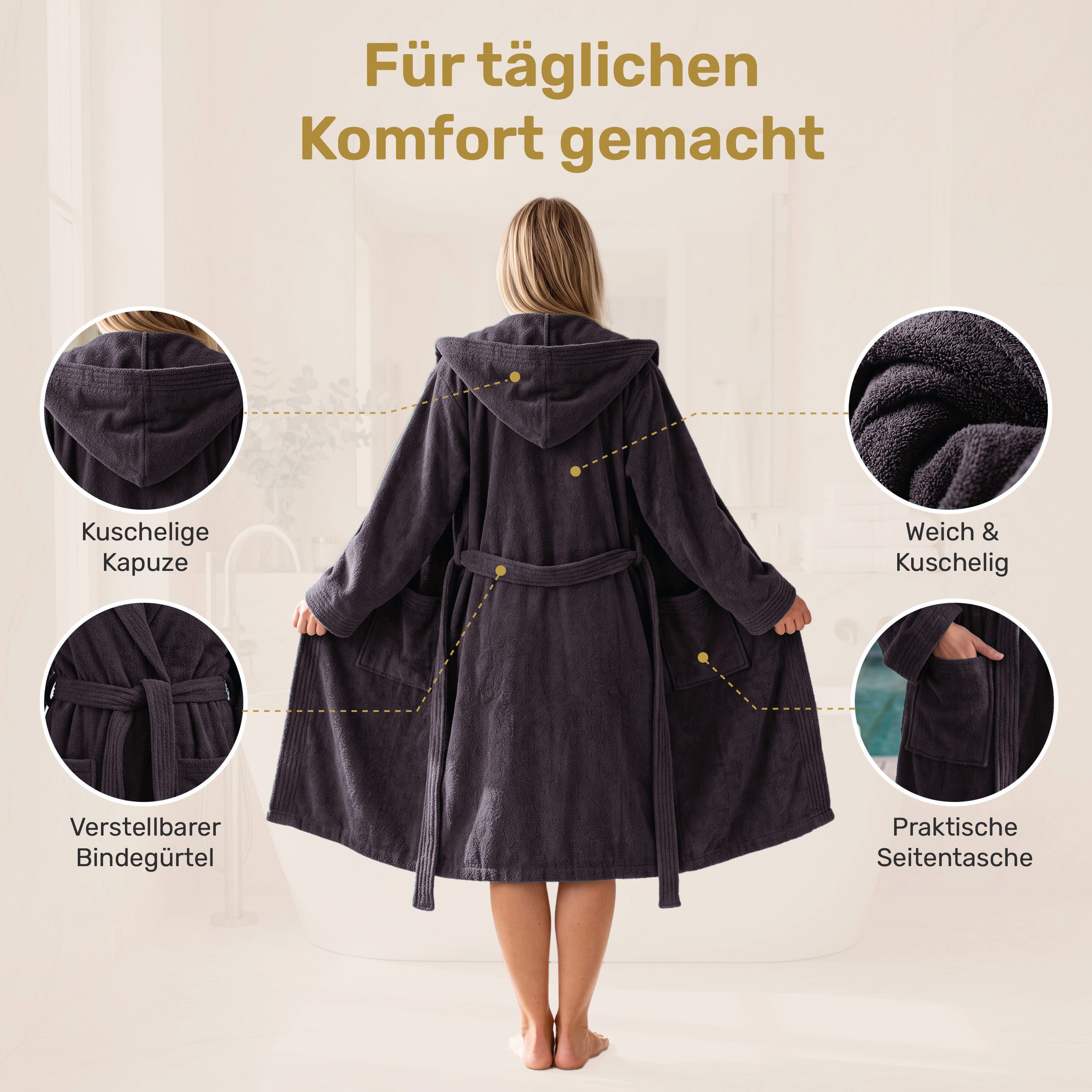 Lavea Bademantel Damen und Herren, Morgenmantel Mexico, Hotelbademantel, Lang, 100% Baumwolle, mit Kapuze, hochwertiger Bindegürtel, Weich & Saugstark - Spa Fee – Bild 3 von 5