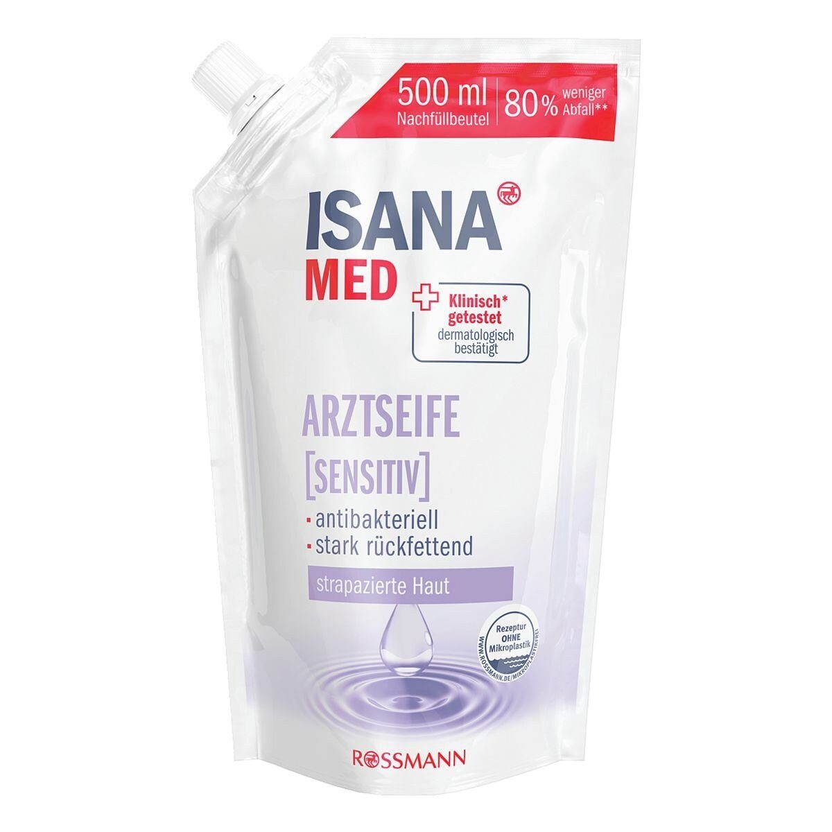 Flüssigseife ISANA rückfettend, stark Arztseife sensitiv, antibakteriell 500 und ml Nachfüllbeutel,