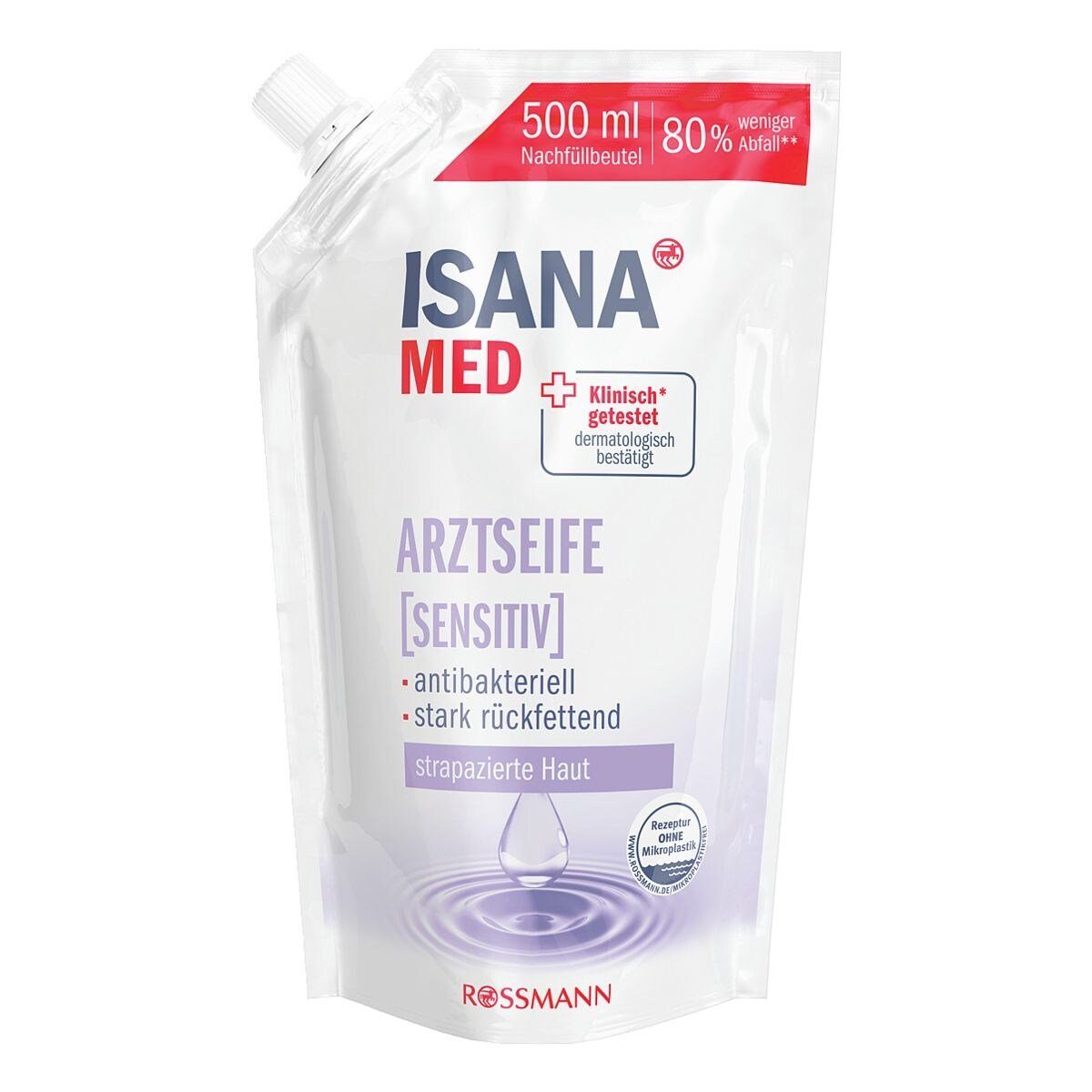 ISANA Flüssigseife Arztseife sensitiv, Nachfüllbeutel, antibakteriell und stark rückfettend, 500 ml