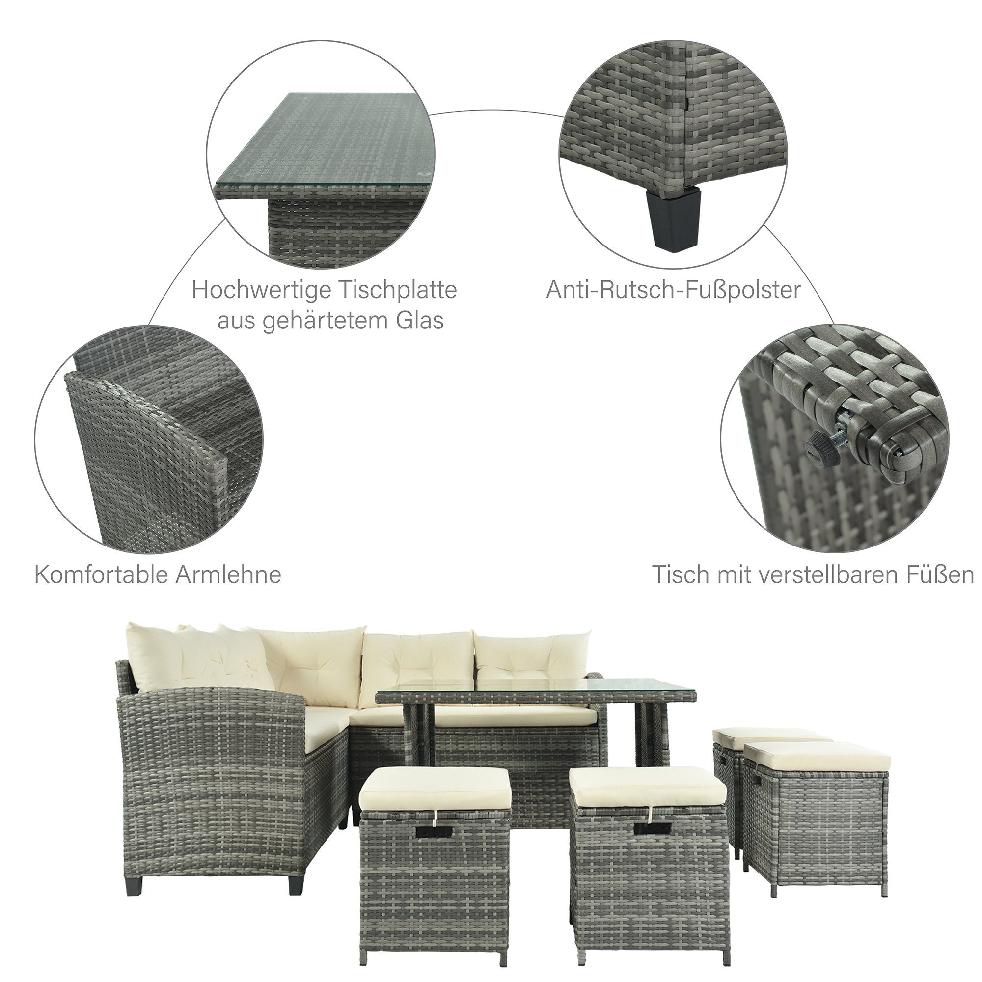 Gartenlounge-Set, (8-tlg), 2 Sofa, 4 Hocker, Tisch 100x100 cm, Polyrattan, mit Auflagen