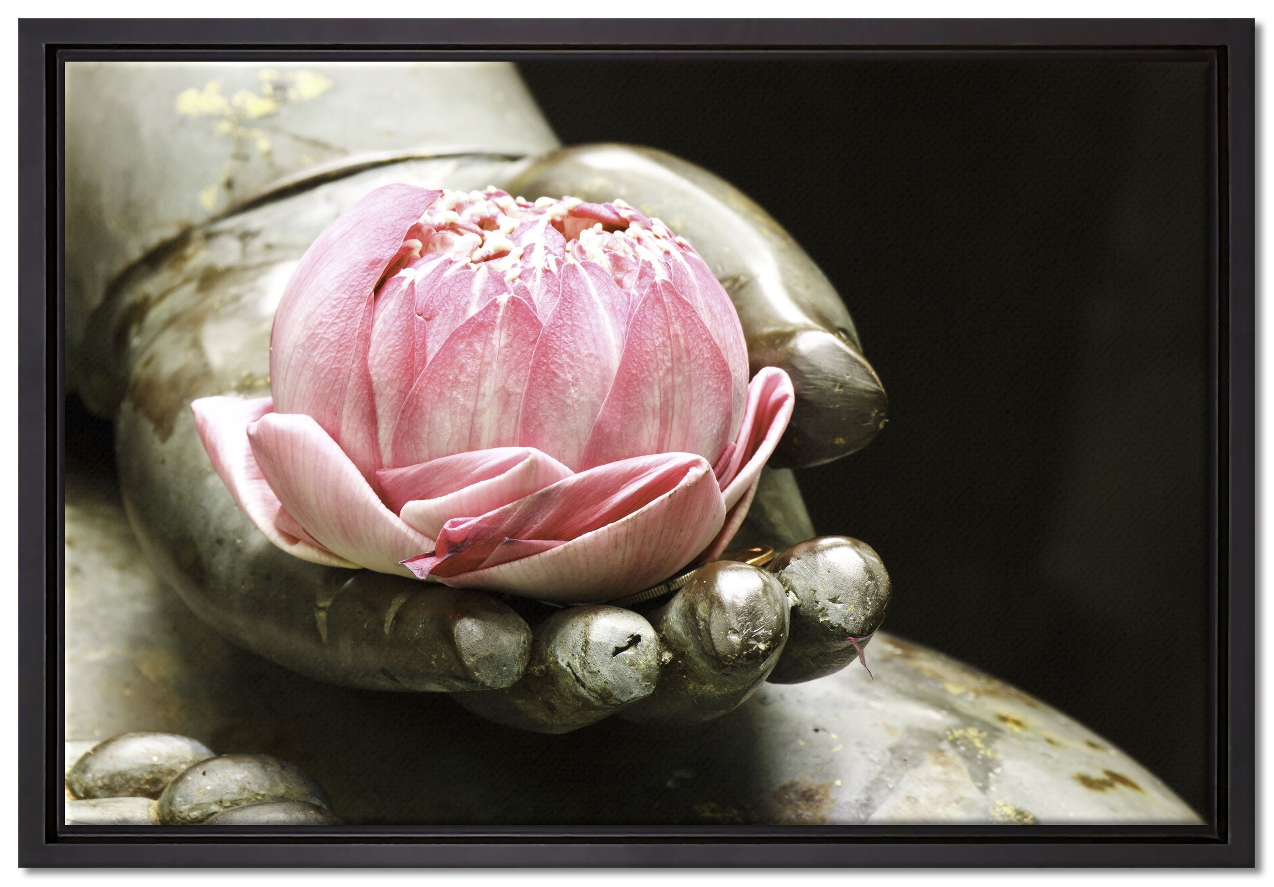 Pixxprint Leinwandbild Lotus Hand der (1 eines fertig St), Zackenaufhänger bespannt, gefasst, auf Schattenfugen-Bilderrahmen inkl. Wanddekoration Buddhas, Leinwandbild in einem