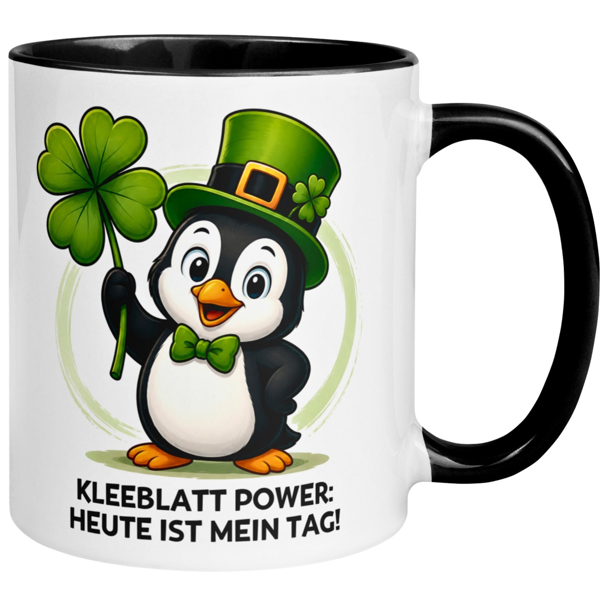 Momentals Tasse Pinguin – „Kleeblatt Power - Heute ist mein Tag“ – lustiges Geschenk, Gratis Versand · Links-&Rechtshänder · Spülmaschinenfest