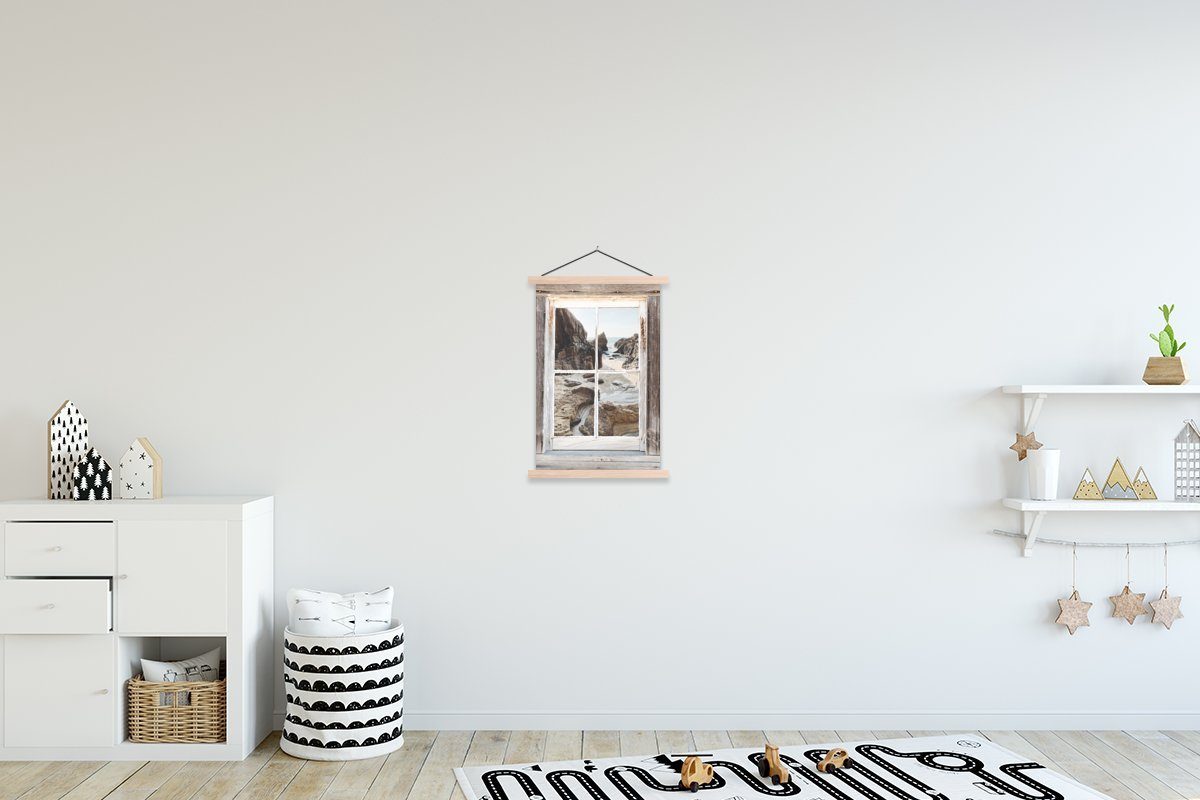 MuchoWow Poster Durchblick - Holz St), für Magnetisch (1 Wohnzimmer, Bilderleiste, - Textilposter Strand, Posterleiste