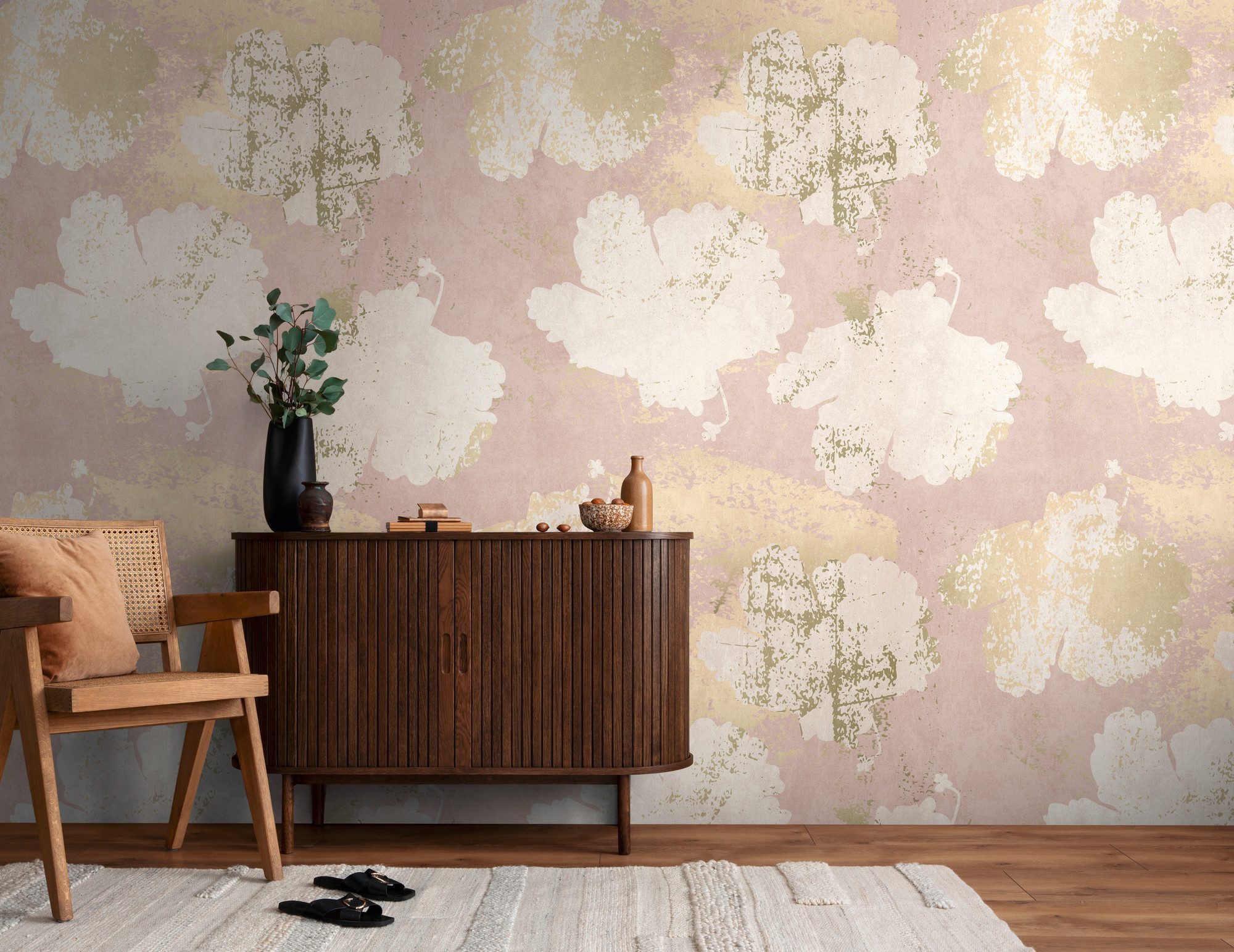 living walls Fototapete THE WALL III Blumen-Tapete Motivtapete Abstrakt Putzoptik, glatt, matt, (1 St), Vliestapete Blümchen für Schlafzimmer Küche Wohnzimmer Blumen Design