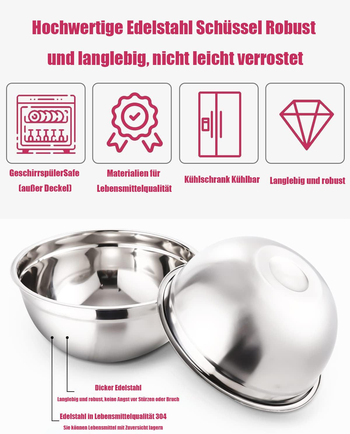 SinLaw Schüssel 7 Edelstahlschalen mit farbigen Deckeln, Salatschüssel, Rührschüssel, (Stapelbar, um Speicherplatz zu reduzieren), Geeignet zum Kochen auf einer Vielzahl von Kochfeldern