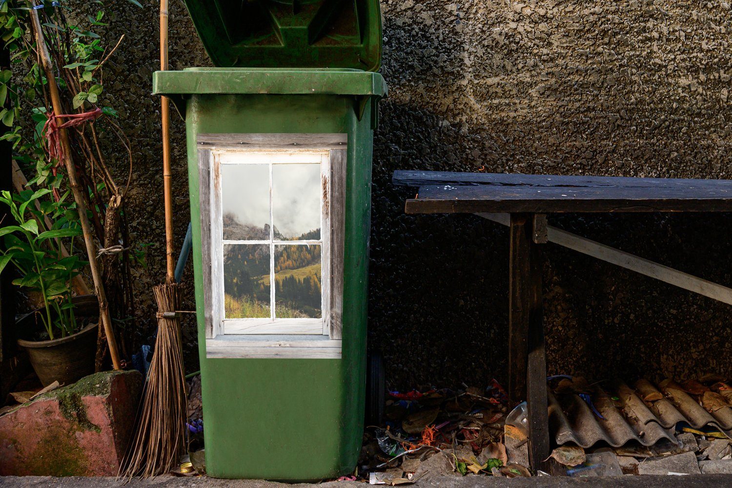 MuchoWow Wandsticker Aussicht - St), Container, Sticker, Berg - (1 Mülleimer-aufkleber, Herbst Abfalbehälter Mülltonne