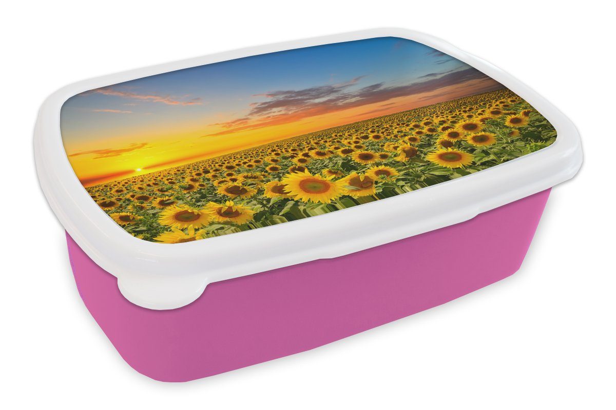 MuchoWow Lunchbox Blumen - Sonnenblume - Sonnenuntergang - Nacht - Orange, Kunststoff, (2-tlg), Brotbox für Erwachsene, Brotdose Kinder, Snackbox, Mädchen, Kunststoff rosa