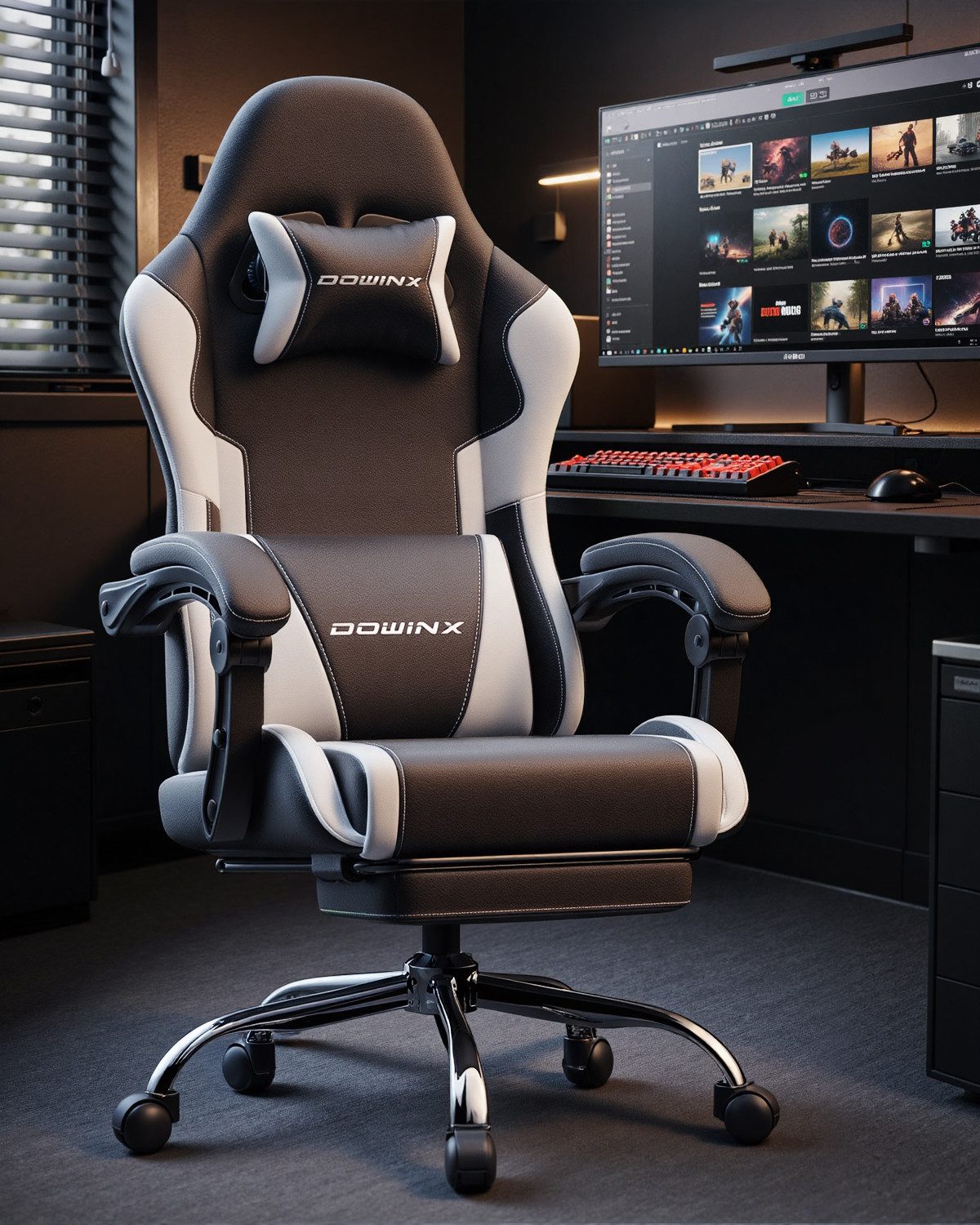 Dowinx Gaming-Stuhl Bürostuhl Massage Sessel mit höhenverstellbaren Linkage-Armlehnen (Packung), ergonomischer Gamer Stuhl mit Fußstütze, Gaming Chair bis 180 kg