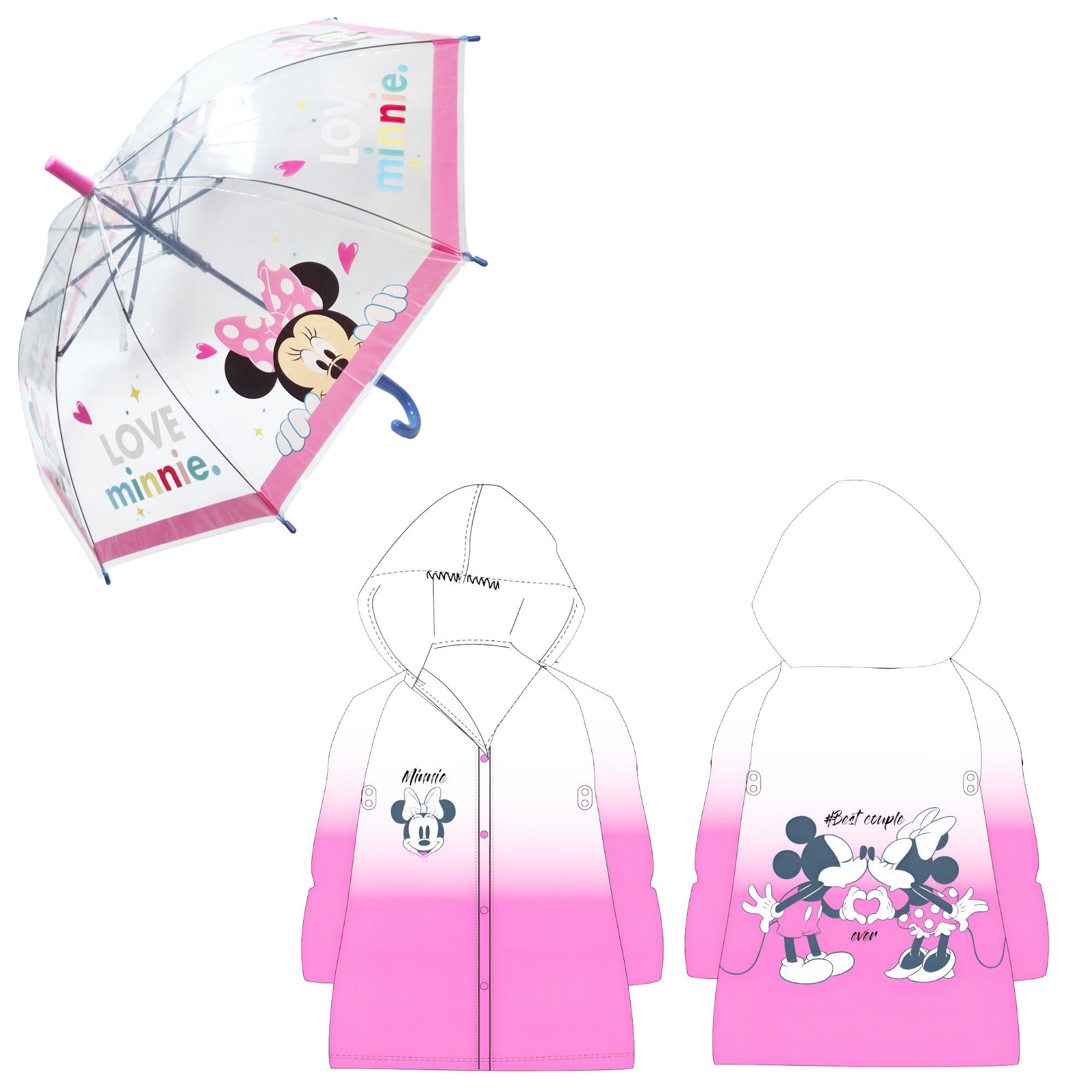 Disney Regenponcho Disney Minnie Maus Kinder Mädchen Regenschirm plus Regenponcho Schirm (2-St) Gr. 98 bis 128