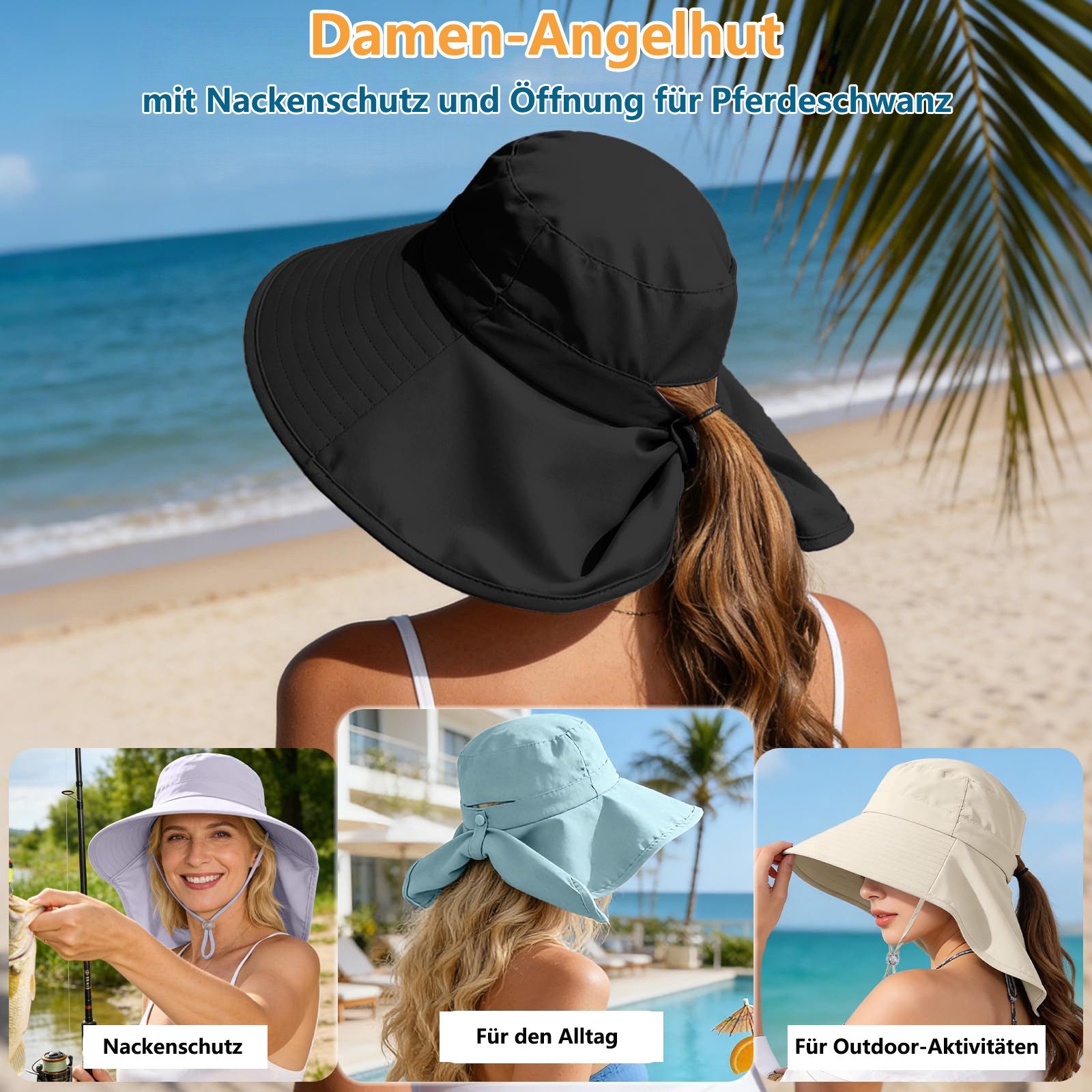 FOUORTUNATE-BEE Sonnenhut Sonnenhut für Damen mit Nackenschutz und Pferdeschwanzöffnung (rollbarer Damen-Sonnenhut, Anglerhut mit breiter Krempe)