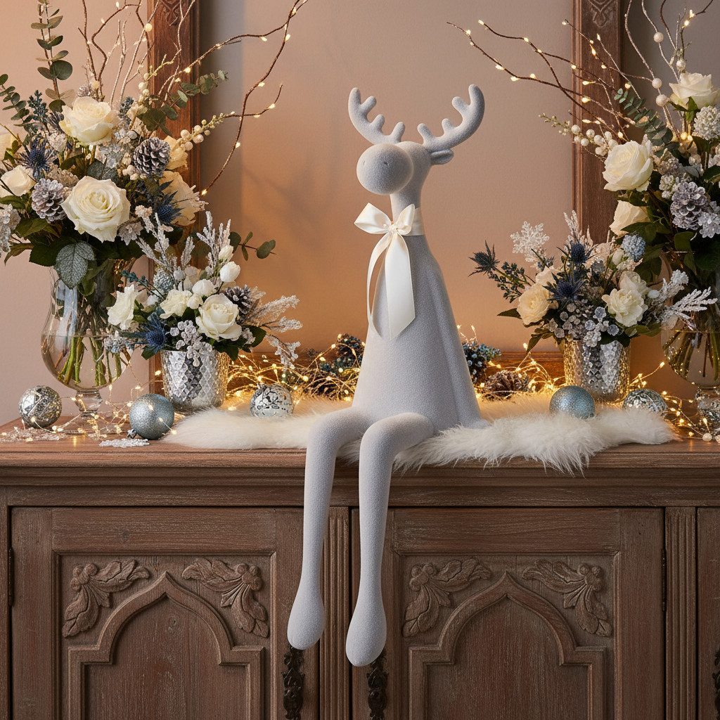 Florists Products Weihnachtsmann Beflockter Elch mit Schleife als Kantenhocker, Dekofigur 80 cm