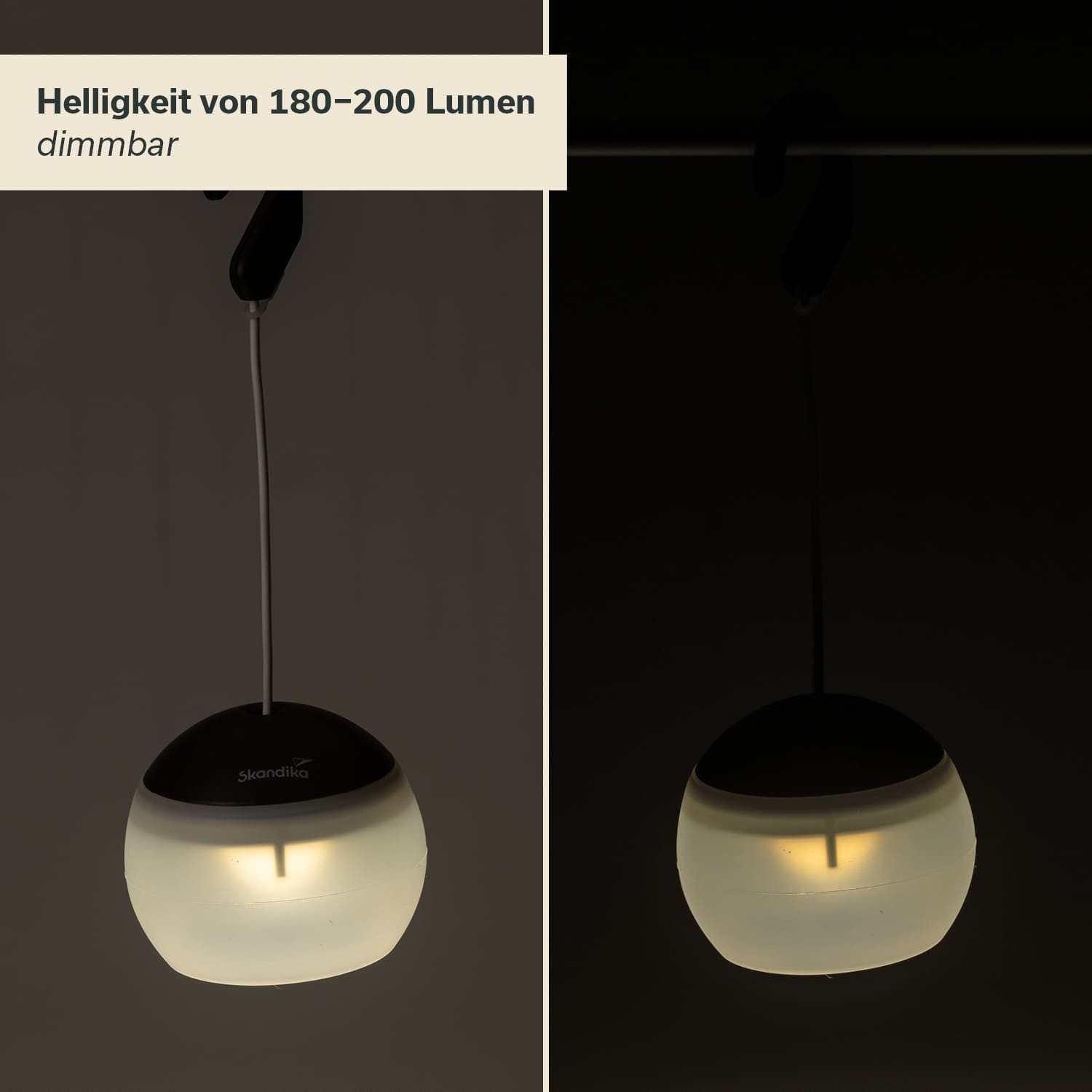 Skandika LED Gartenleuchte Campinglampe Tufjord, aufladbar, Zeltlampe, hängend, 3 Lichtmodi, 180 - 200 Lumen, 3000 K Warmweiß, Akku 2000 mAh, Micro-USB Anschluss