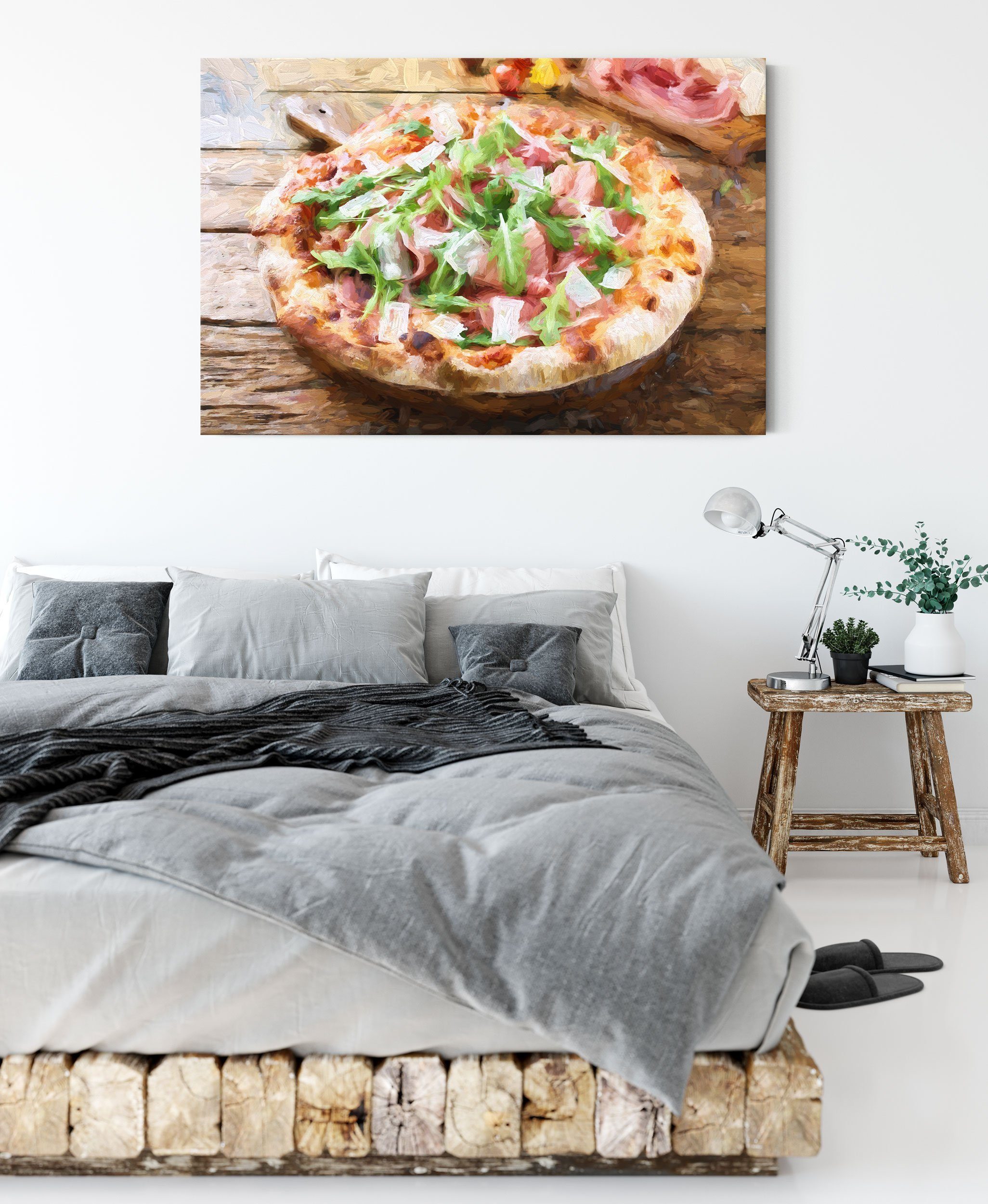 Prosciutto fertig Pizza Pizza Leinwandbild bespannt, St), (1 auf Pixxprint Holztisch Zackenaufhänger Prosciutto auf Holztisch, inkl. Leinwandbild