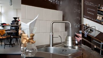 QUOOKER Küchenarmatur QUOOKER FUSION SQUARE Edelstahl Combi B mit CUBE 2 (22FSRVSCUBE) (2-St) 100°C Kochendwasserhahn mit Trinkwassersystem