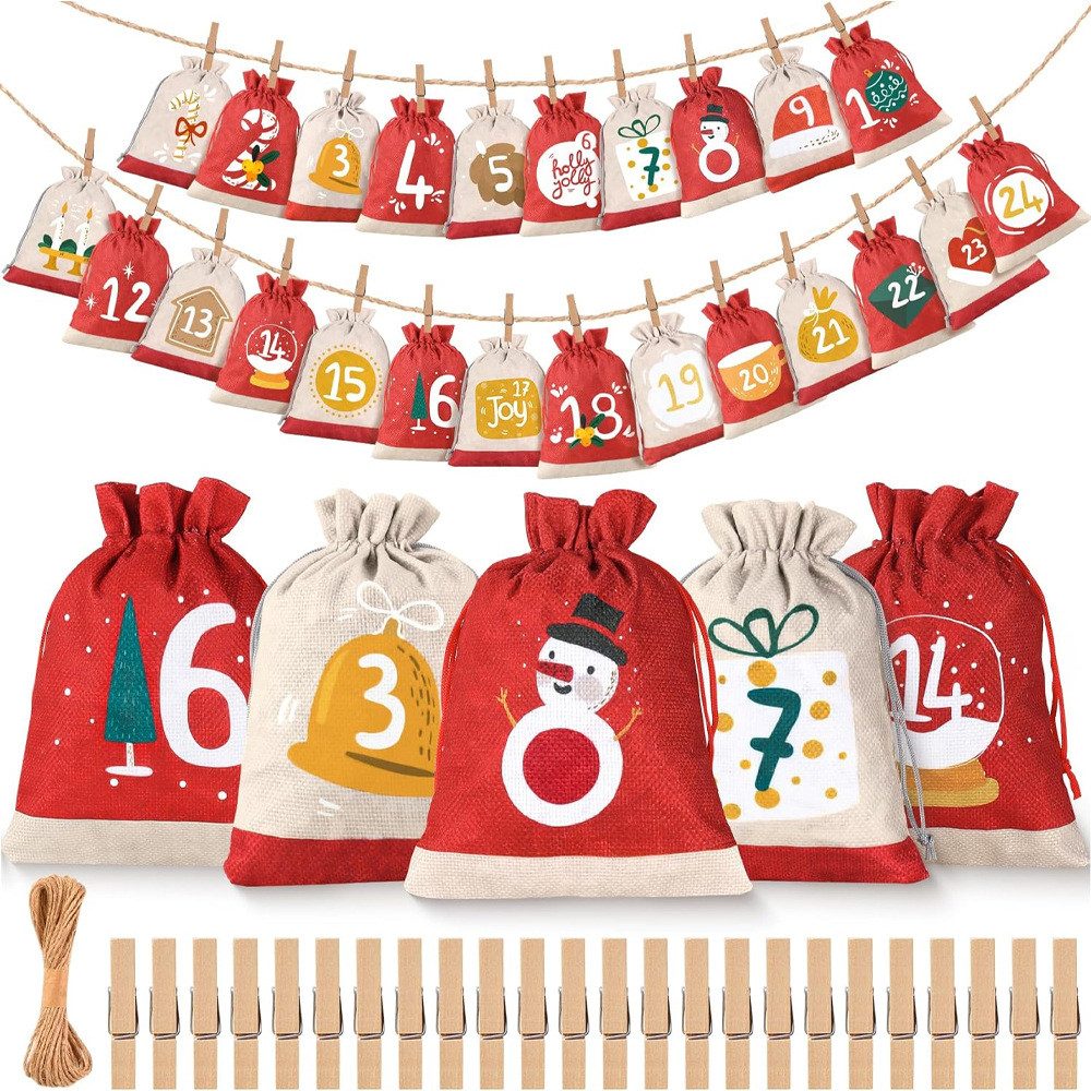Sorvyzxn befüllbarer Adventskalender 24 Adventskalenderbeutel, Weihnachtszugbeutel, Adventskalender Countdown Zugbeutel Geschenktasche