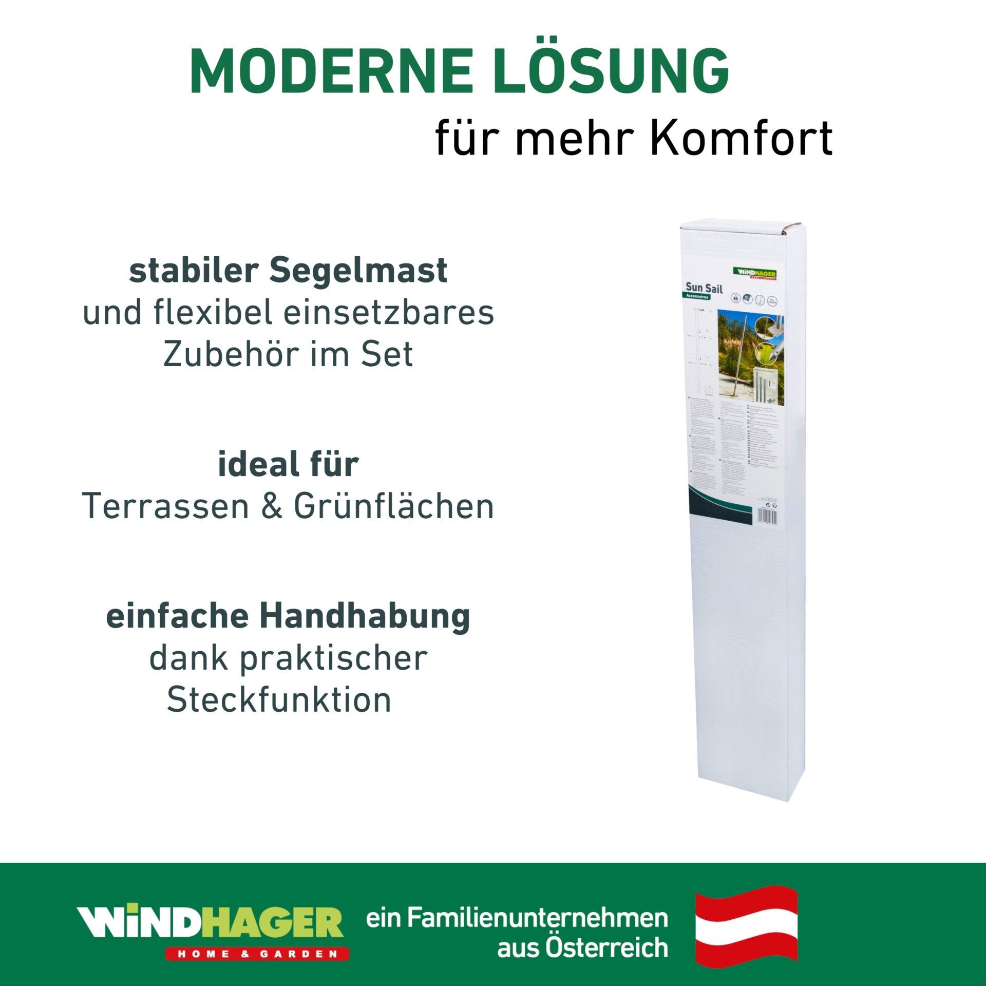 Windhager Sonnensegelmast Basic, 243 cm Höhe, praktische Steckkonstruktion für Montage auf Terrasse oder Rasen