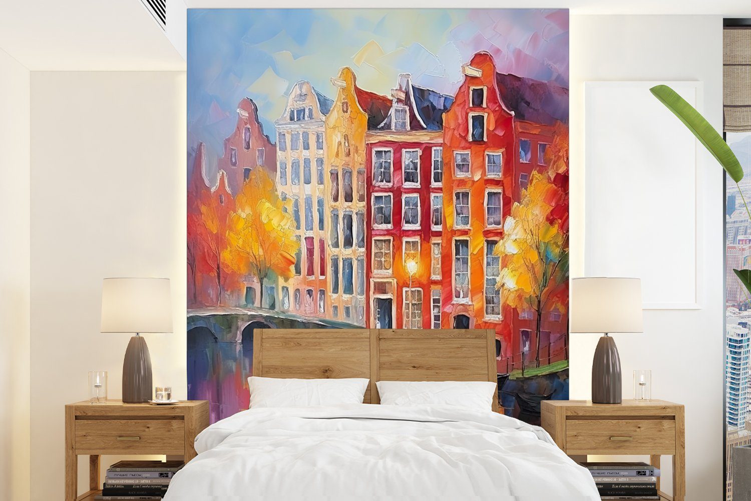 Grachtenhäuser bedruckt, (4 Kunst - St), Matt, Wohnzimmer, Wandtapete Amsterdam, Montagefertig Fototapete für - Tapete Vinyl MuchoWow Malerei -