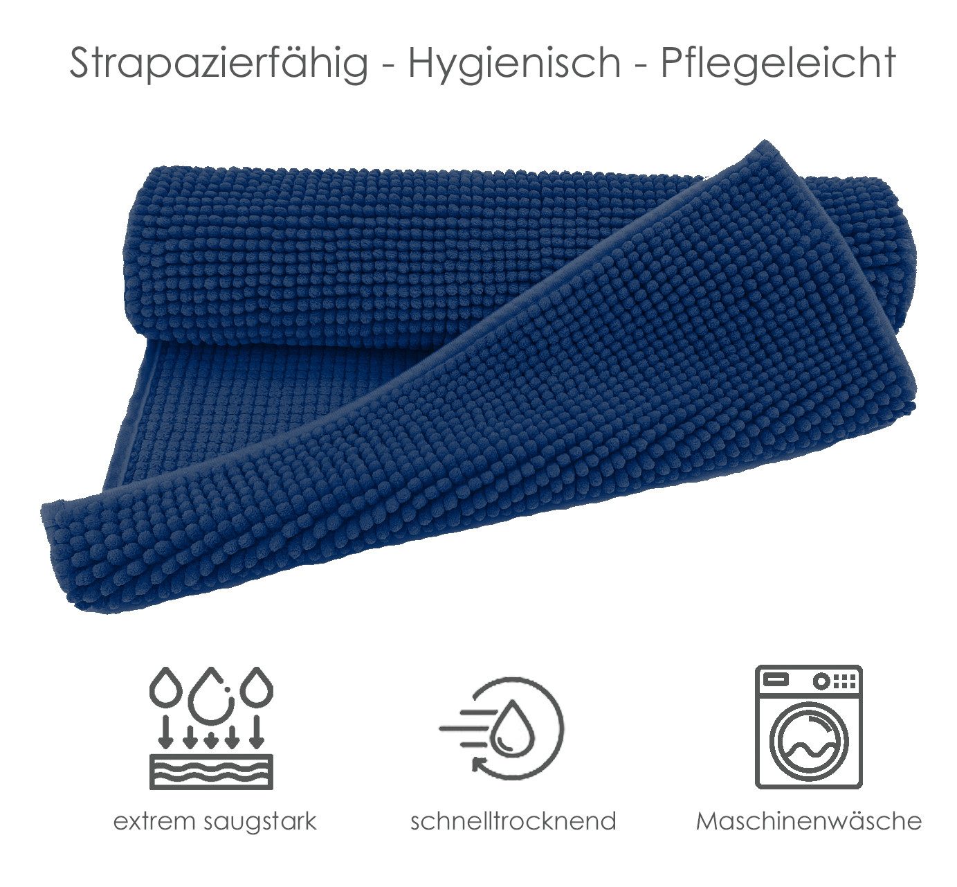 heimtexland Badematte Badvorleger Chenille Badteppich Duschvorleger, rutschhemmend beschichtet, Fußbodenheizung geeignet, fußbodenheizungsgeeignet, saugstark, schnell trocknend, strapazierfähig, rutschfest, Polyester, rechteckig, Set 45x50 / 50x80 cm, Hochflor, super weich, extrem saugfähig, Maschinenwäsche