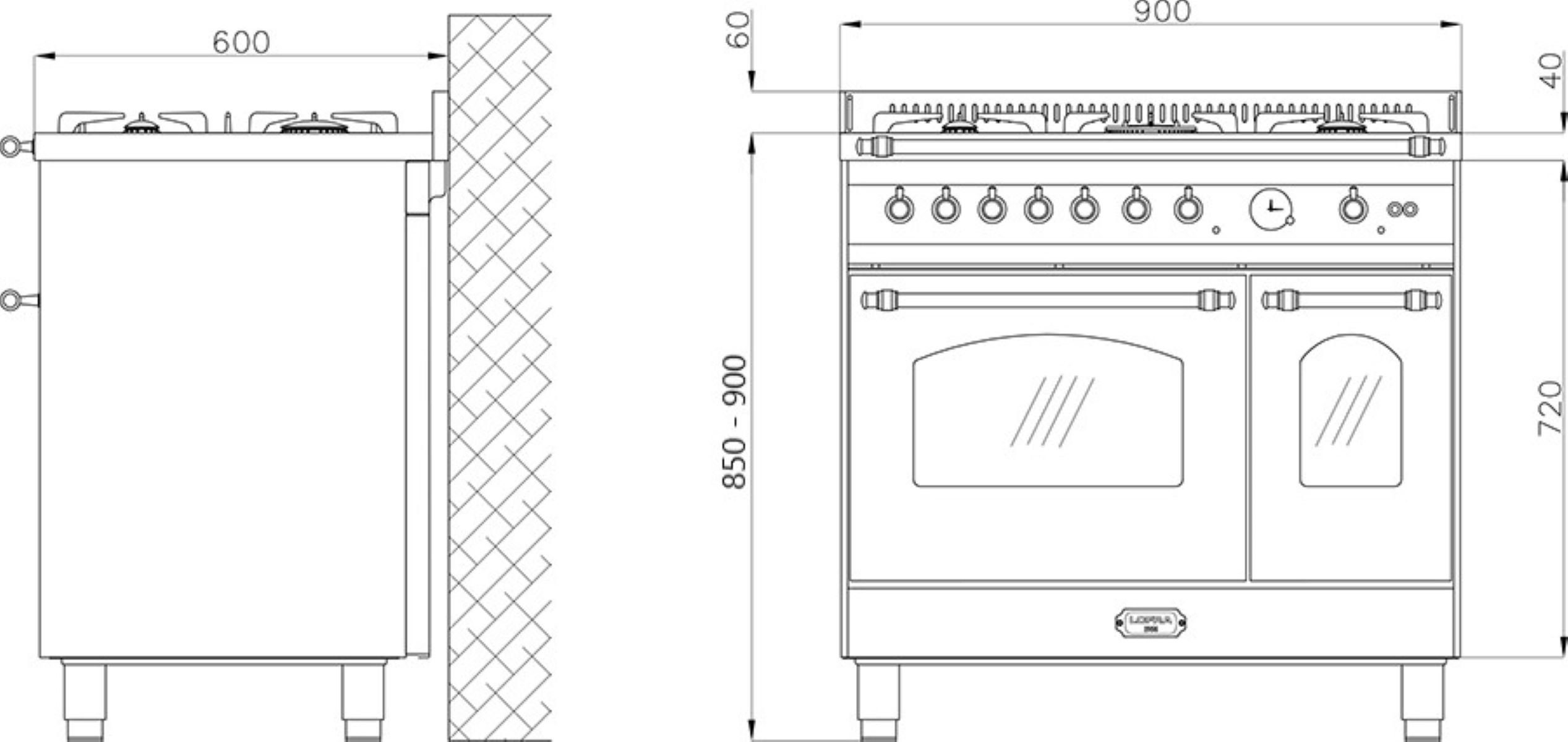 Lofra Gas-Standherd EASY-TO-CLEAN elektrischer Emaille, Elektrogrill, MFTE/CI, 96 2-fach Teleskopauszug, 2-fach-Teleskopauszug, mit RRD Drehspieß