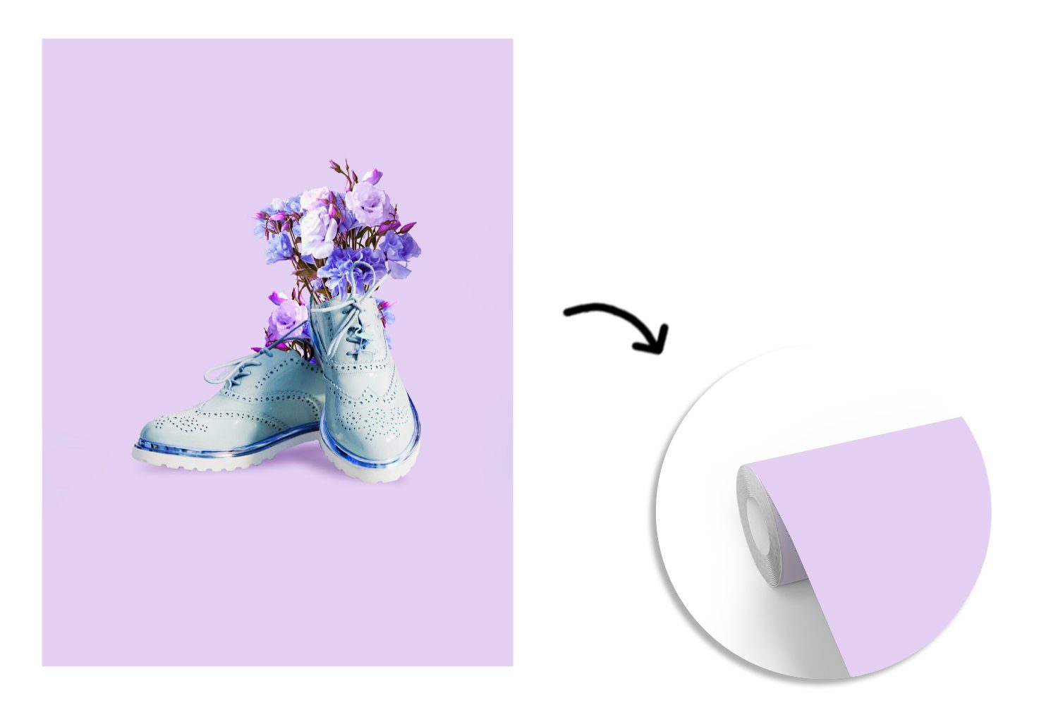 Schuhe Montagefertig Lila St), Blau, bedruckt, Matt, - MuchoWow Wohnzimmer, Wandtapete Tapete - Vinyl Fototapete - (4 Blumen für