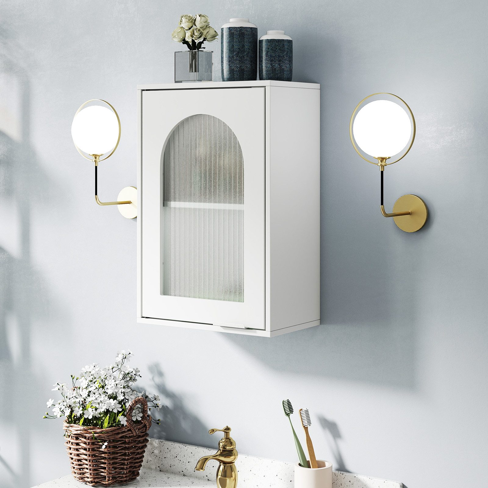 KOMFOTTEU Hängeschrank Badezimmerschrank mit Milchglas-Tür, Weiß günstig online kaufen