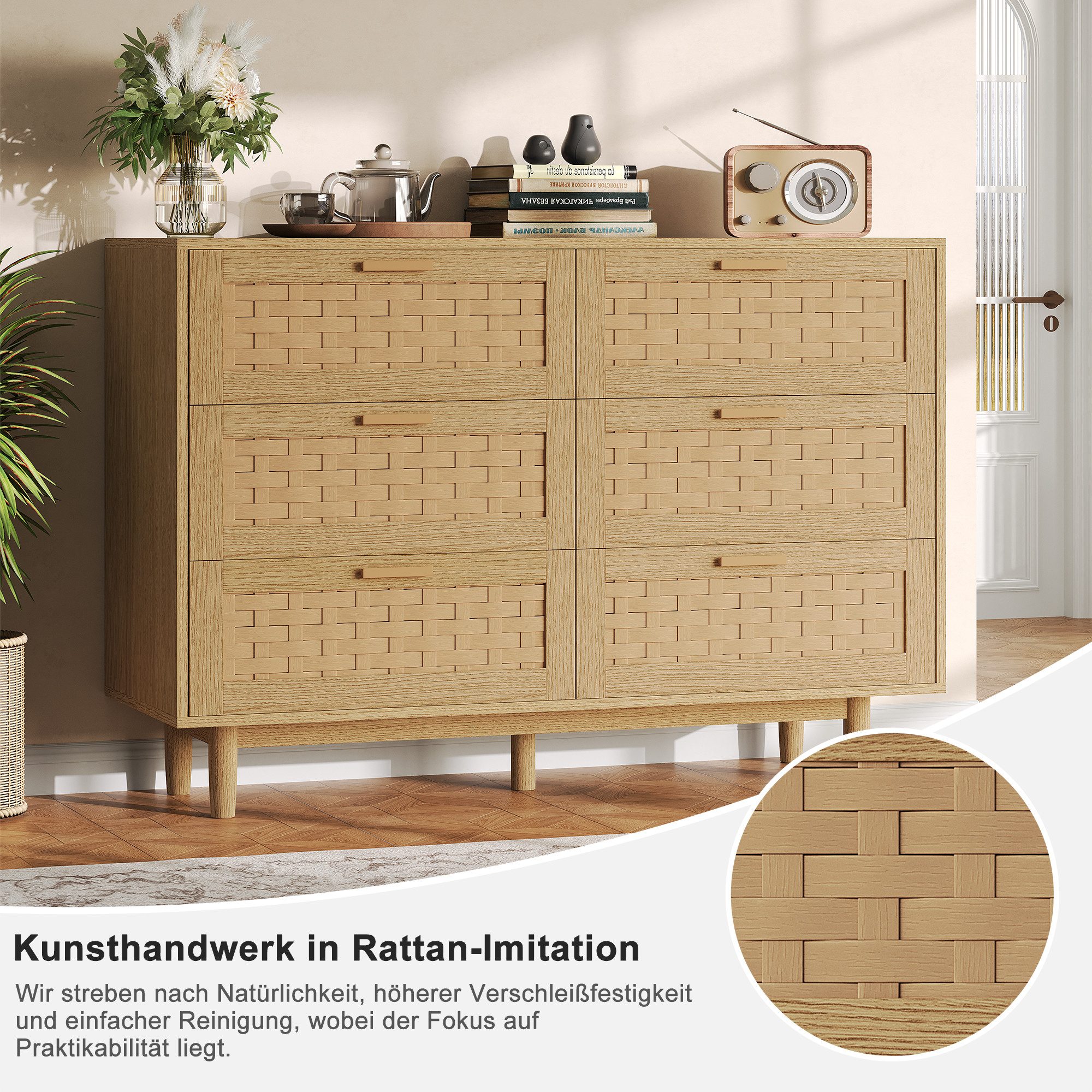zebery Kommode mit 6 Schubladen Sideboard Schubladenschrank (Holz Schrank), Schubladenkommode,Naturholzfarbe,Gewebte Paneele