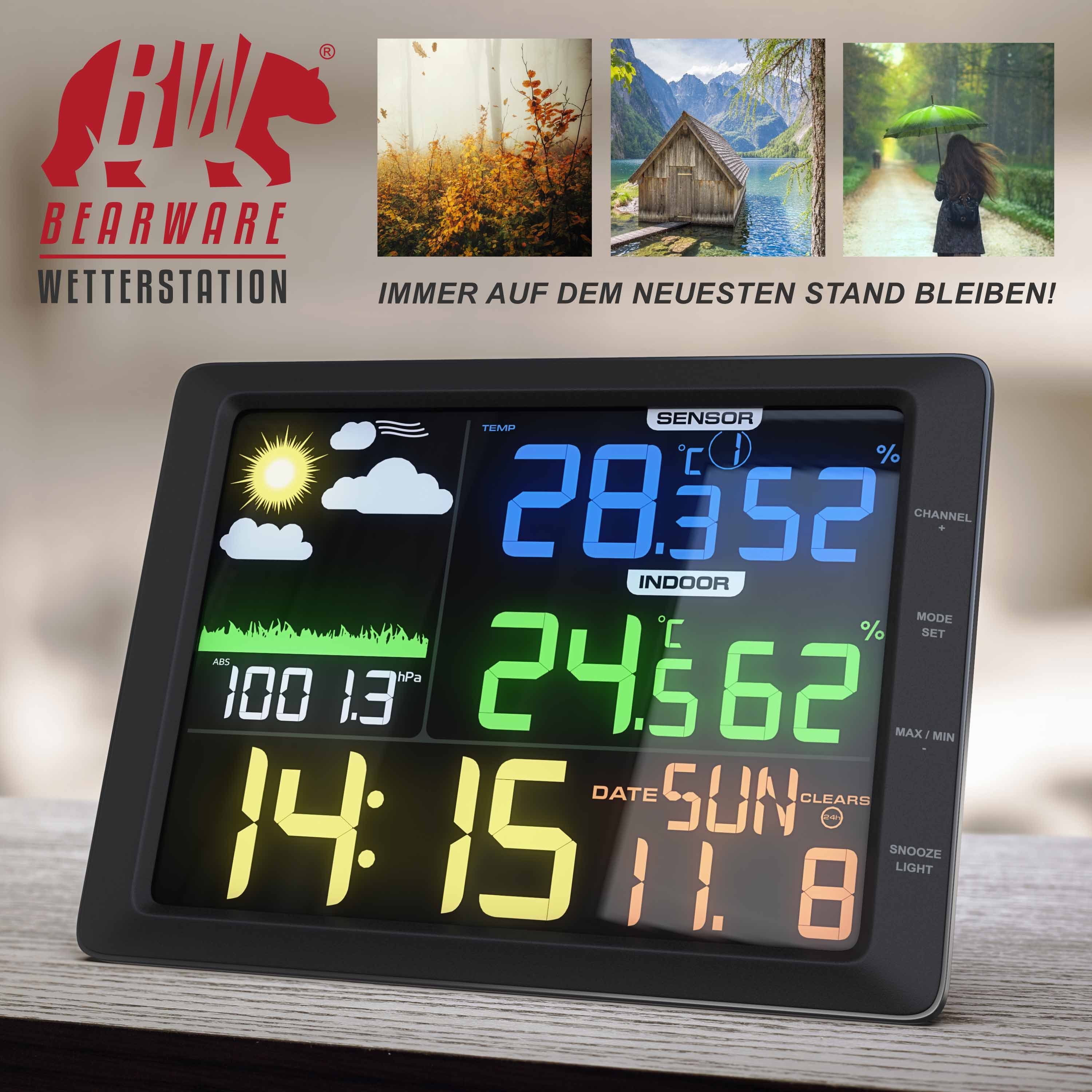 BEARWARE mit Farbdisplay & Außensensor, Luftdruck, Temperatur, Wettervorhersage Wetterstation (Außensensor; USB-Kabel; Bedienungsanleitung, Barometer, Frostalarm, Datum, Uhrzeit, Wecker mit Schlummerfunktion)