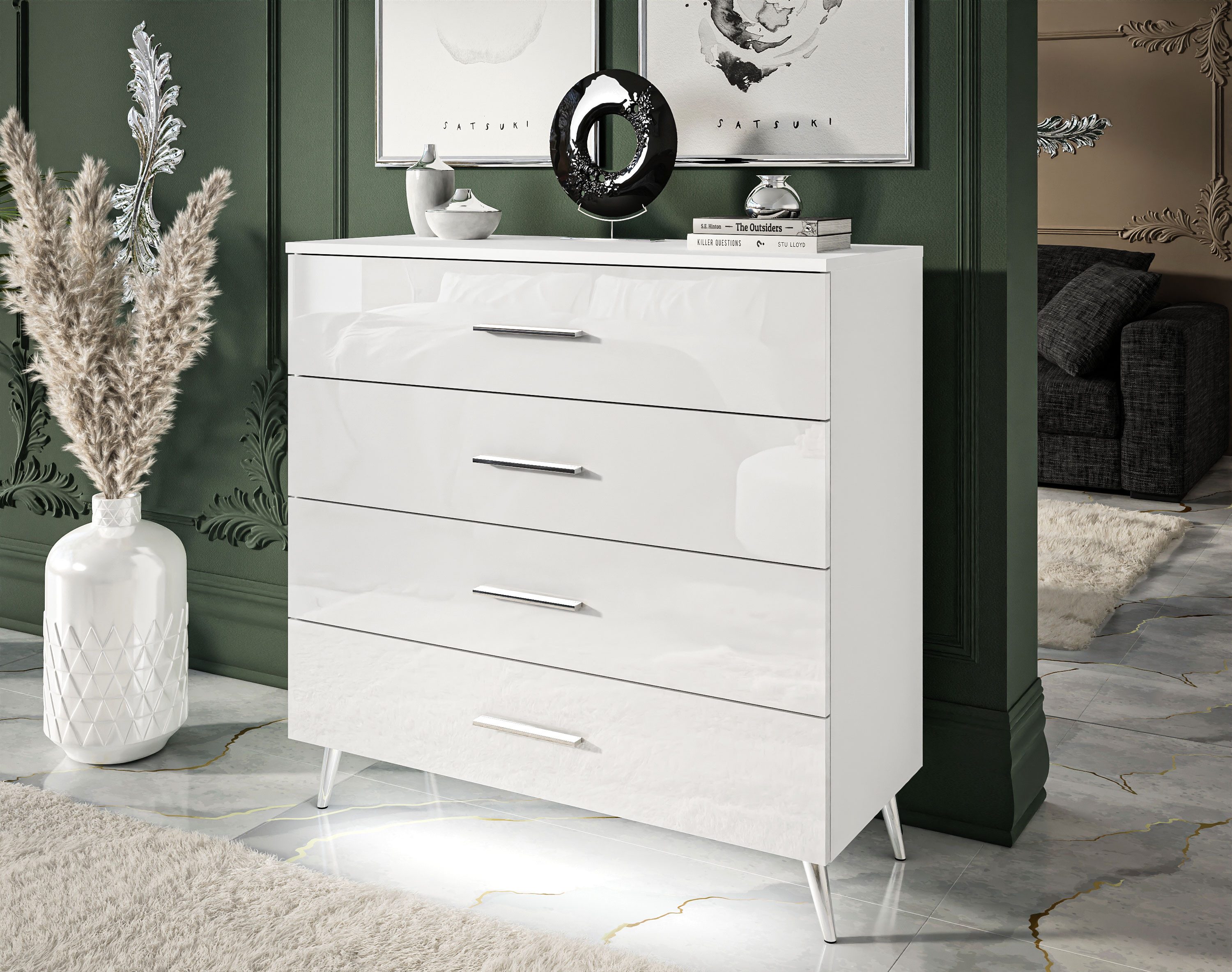 Lookway Kommode AURA 4S Weiß mit Schubladen und Griffe, 95x40x90 cm – Bild 2 von 4
