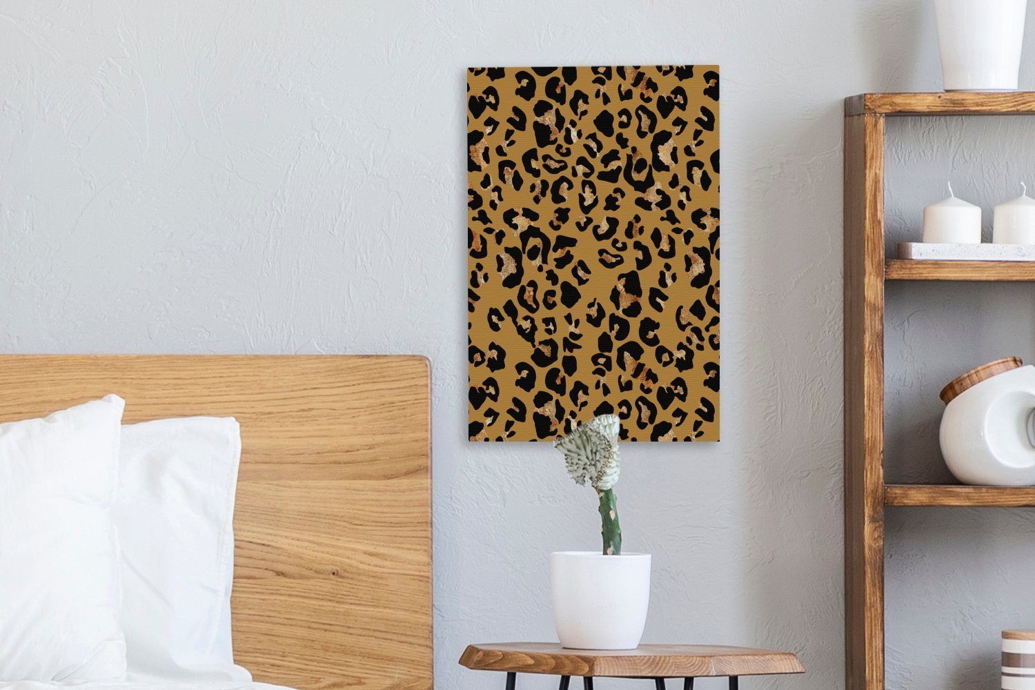 20x30 Leinwandbild (1 - Gemälde, Zackenaufhänger, St), bespannt Pantherdruck Muster Leinwandbild OneMillionCanvasses® inkl. cm Gelb, - fertig