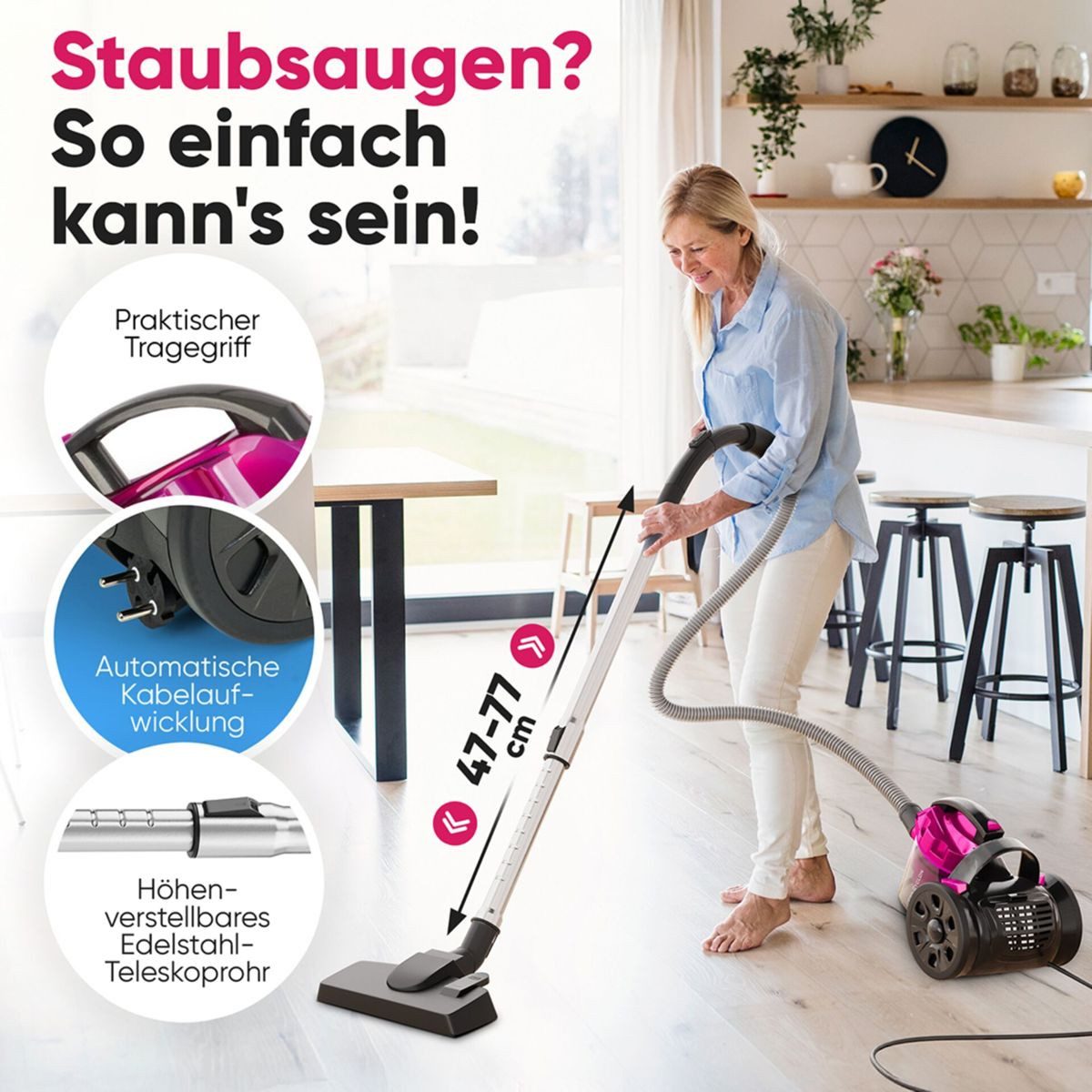 ProfiCare Bodenstaubsauger PC-BS 3134 Anthrazit/Pink