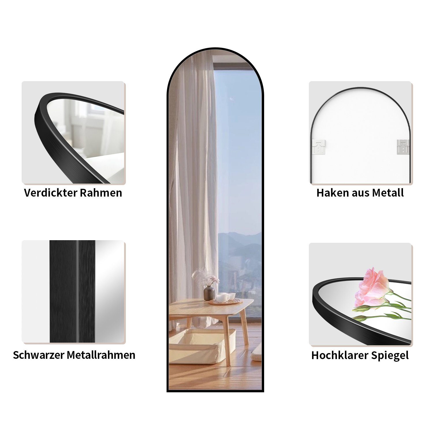 Boromal Standspiegel Spiegel Schwarz 150x50cm Metall Rahmen Wandspiegel groß Flurspiegel (Ganzkörperspiegel Bodenspiegel, Bogen, Abgerundeter), HD Kupfer- und bleifreier Spiegel, Freistehend, Wandmontage