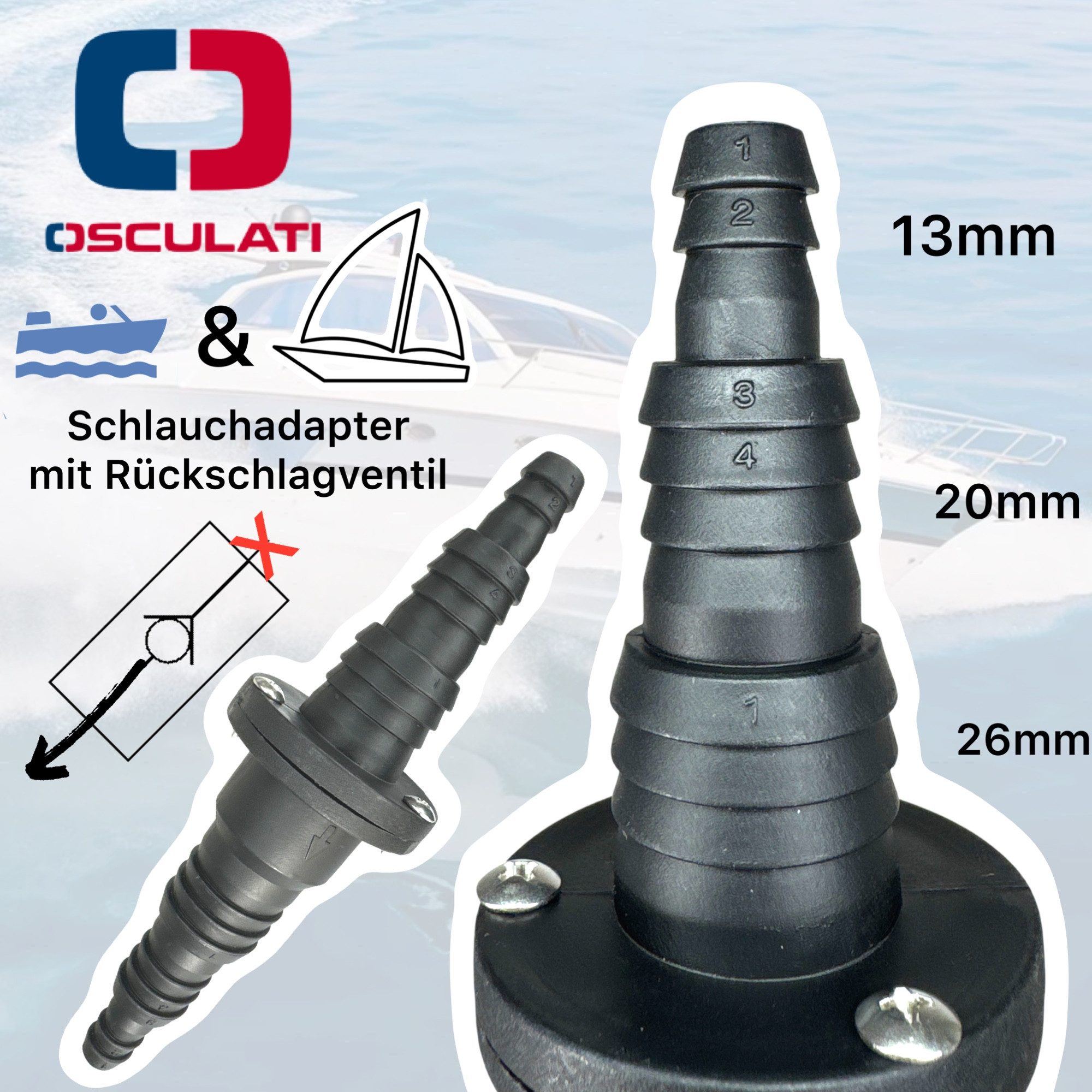 Osculati Motorboot Marine Boot Pumpen Schlauch Adapter Rückschlagventil 13 / 20 / 26mm