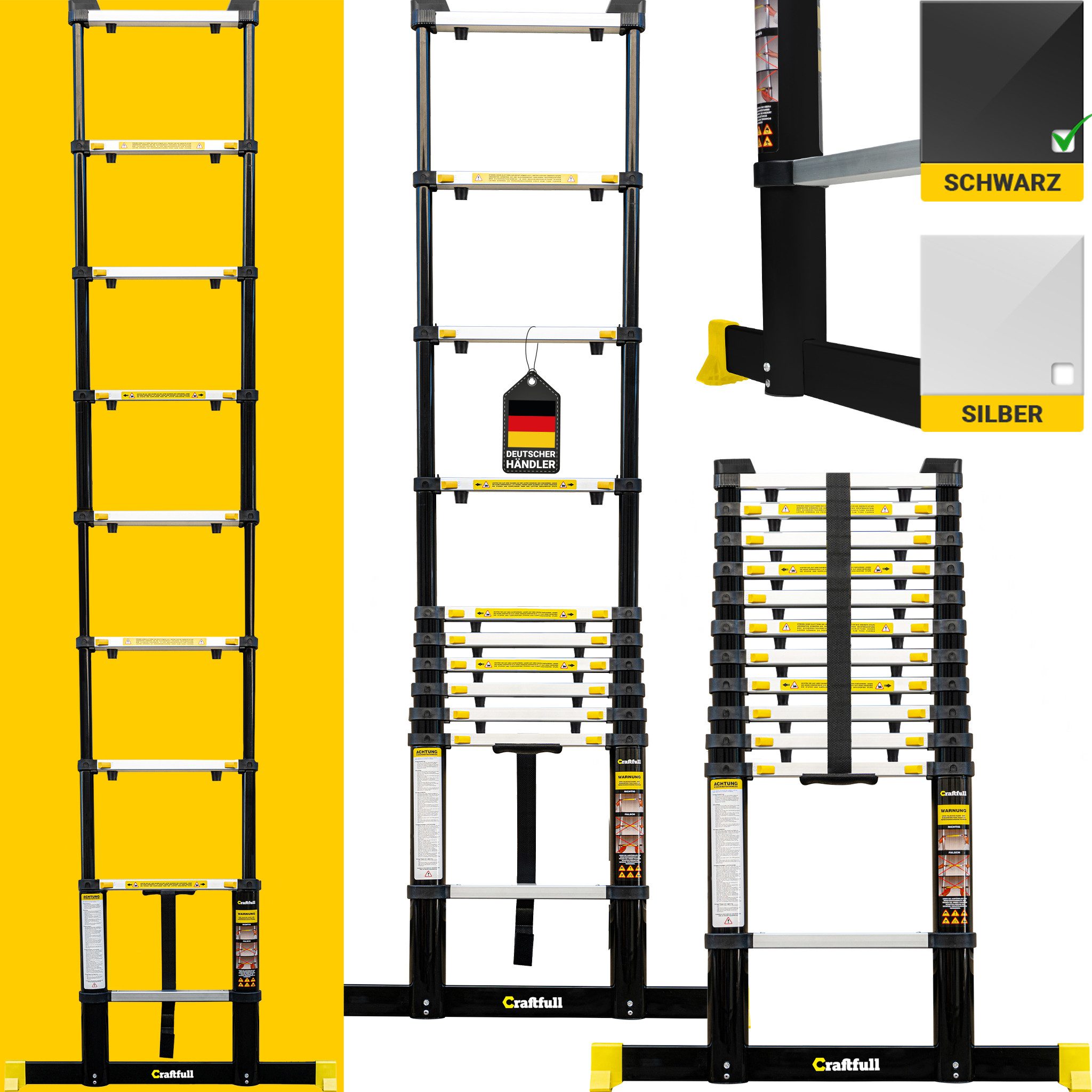 Craftfull Teleskopleiter Ausziehleiter CF-101A - 3 J. Garantie - 2 - 4.4 m - Finger-Protection (Alu Stehleiter, Anlegeleiter, Trittleiter, Multigerüst, Haushaltsleiter, Stufen Leiter, Arbeitsleiter, Klappleiter, Multifunktionsleiter, Mehrzweckleiter, 1-St., Leiter mit Anti-Rutsch Füßen), Alu Leiter Schiebeleiter Aluminiumleiter ausziehbar