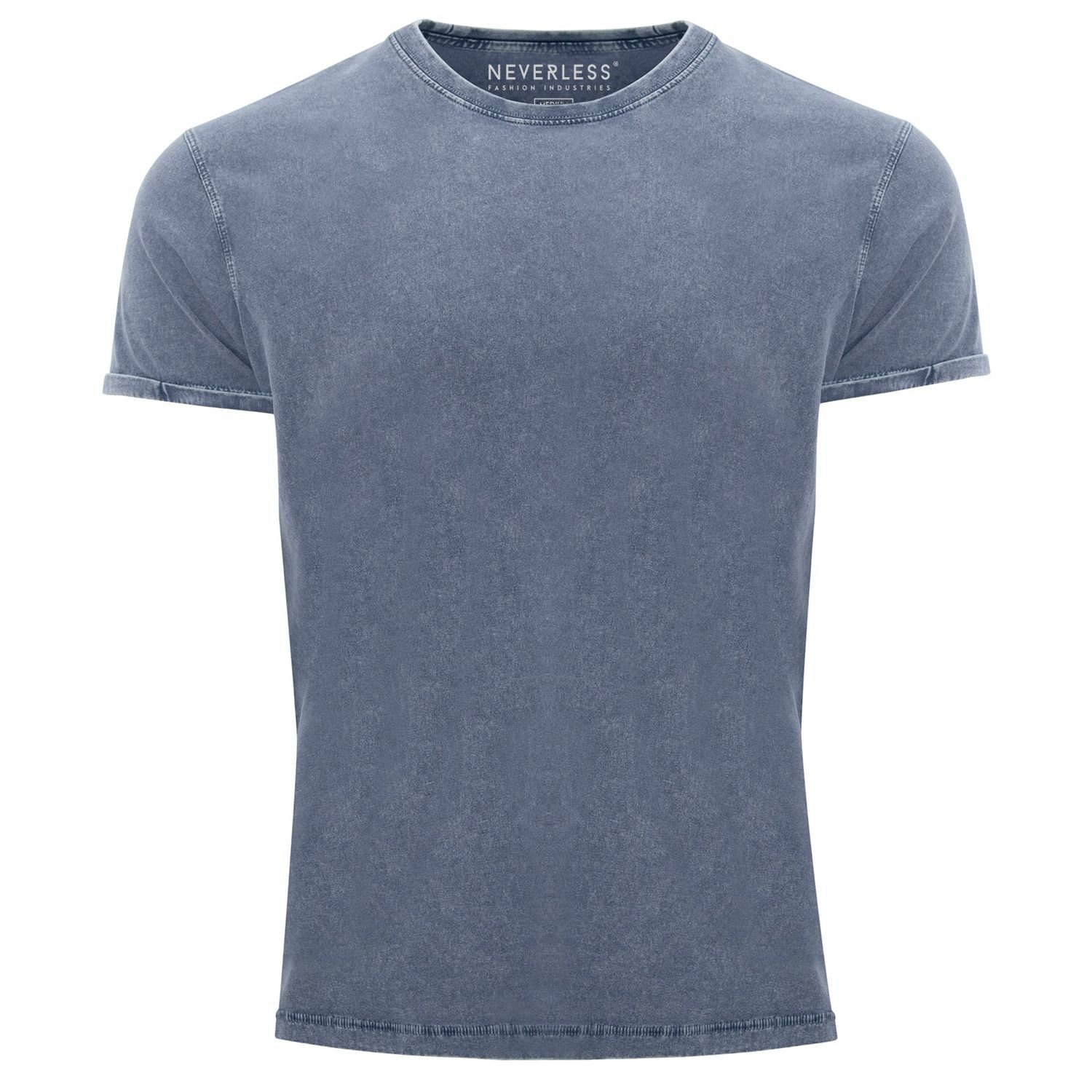 T-Shirt Fit Print-Shirt mit Neverless® blau ohne Basic Neverless Shirt Print Aufdruck Vintage Cooles Slim Angesagtes Look Herren Used