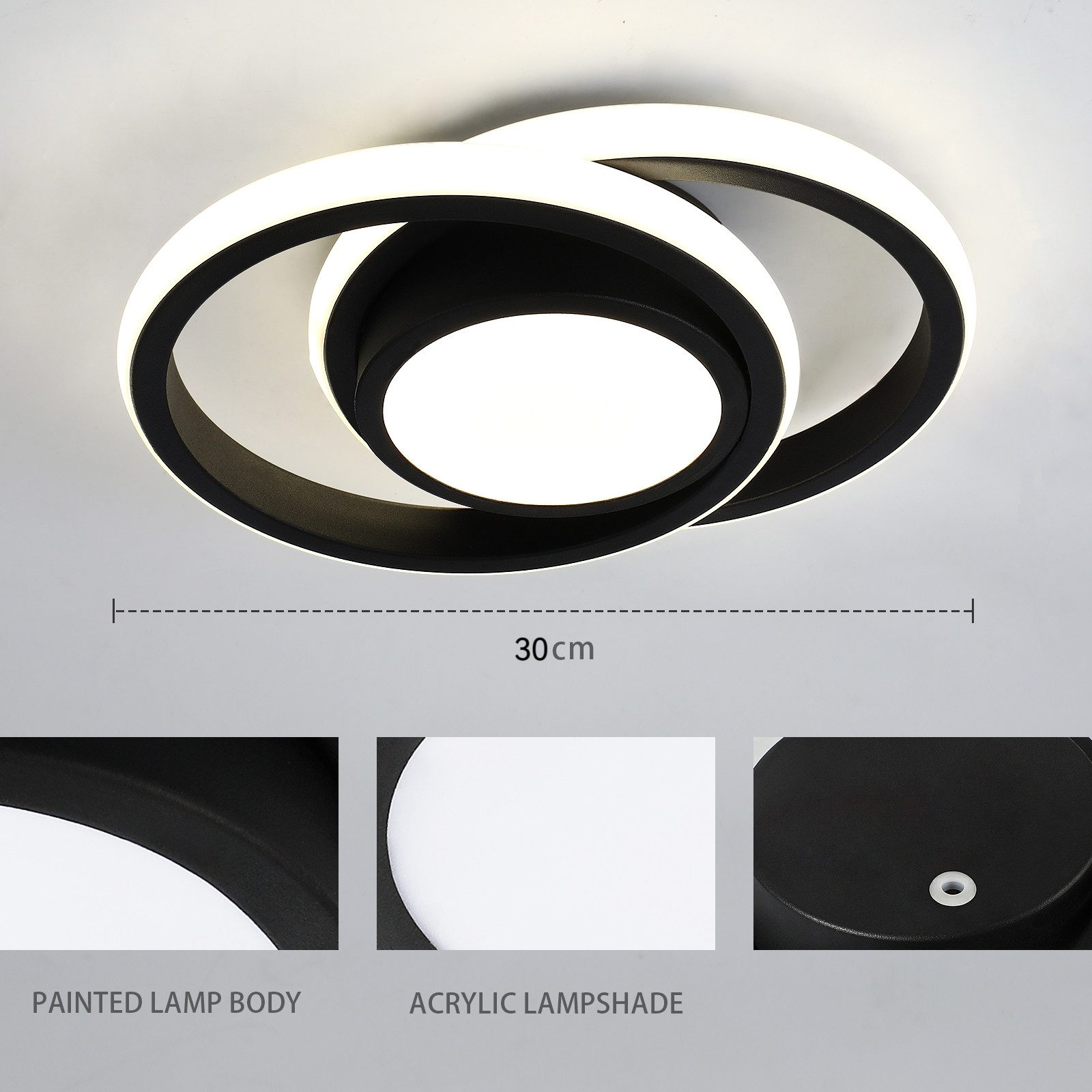 JDONG LED Deckenleuchte Schwarz/Weiß 30/32cm Deckenlampe 4000K 2000LM Neutralweiß Lampe, LED fest integriert, Tageslichtweiß, für Küche Balkon Flur Schlafzimmer – Bild 5 von 5