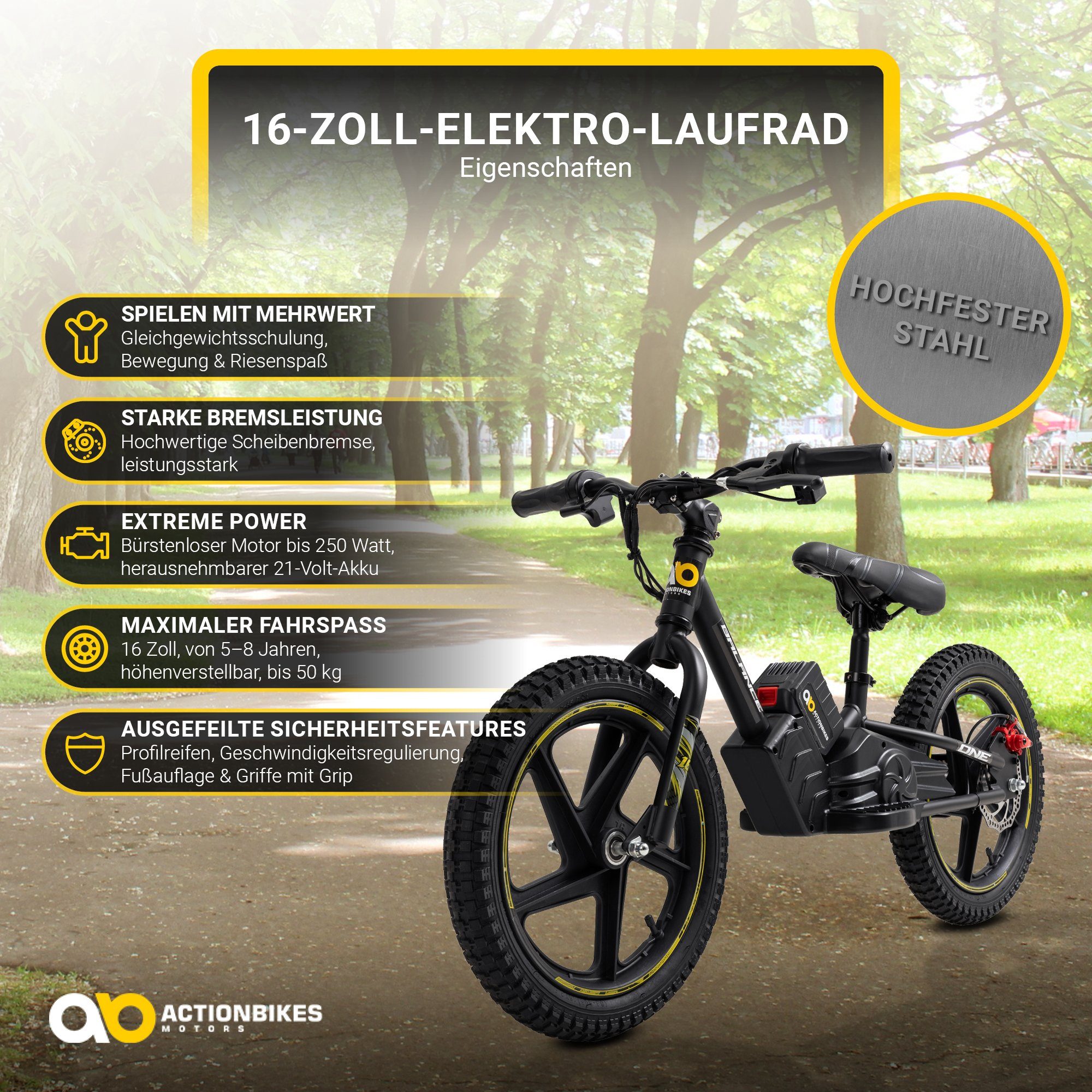 Actionbikes Motors Elektro-Kindermotorrad Kinder 250 W Elektrolaufrad Balance Bike - 3 Geschwindigkeitsstufen, herausnehmbarer Lithium-Ionen-Akku - Scheibenbremsen hinten