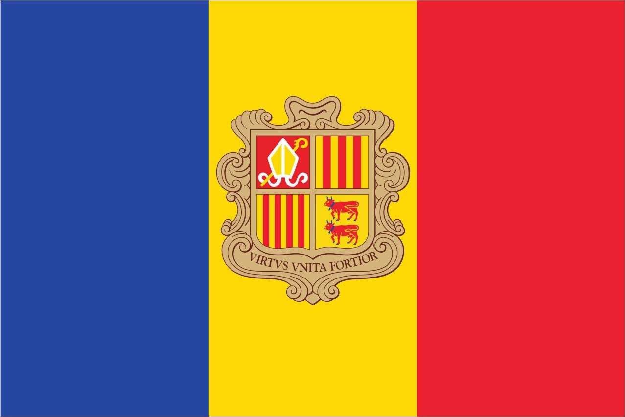flaggenmeer Flagge Flagge Andorra mit Wappen 110 g/m² Querformat