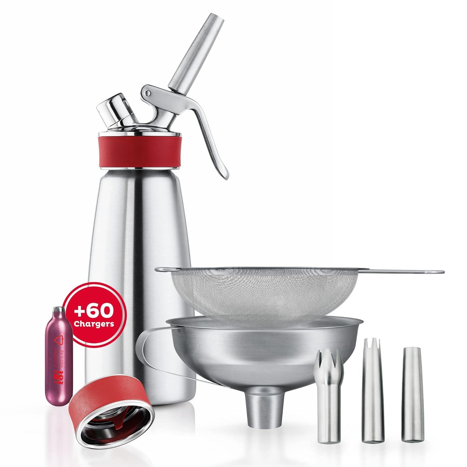 iSi Sahnesyphon Gourmet Whip 0,5 L Set mit 60 Kapseln, Tüllen, Trichter, Sieb & Kappe, Edelstahl, (Spar-Set, 67-tlg) Mit Zubehör, Für kalte und warme Gerichte, Viele Anwendungen