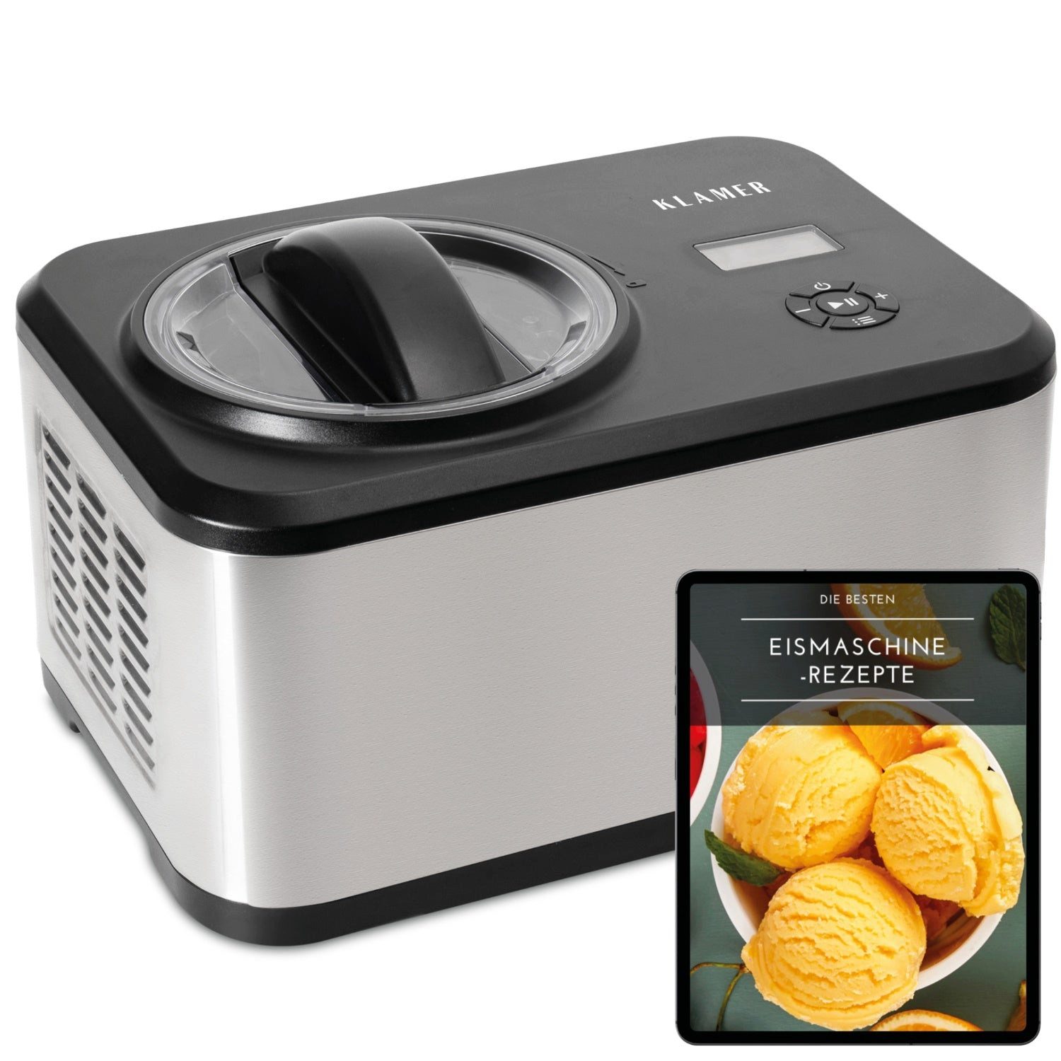 KLAMER Eismaschine mit Kompressor 1,5L 120W, Edelstahl, Speiseeis Maschine, Kühlfunktion, 1,5 l, 120 W, Raffiniertes Rührsystem, Nachfüllklappe, digitales Rezeptbuch