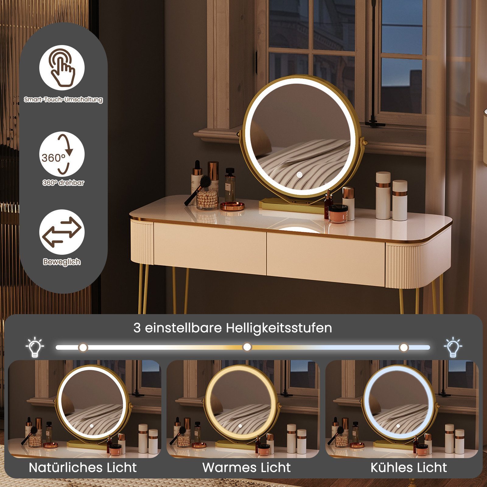 EUGAD Schminktisch (1-St), mit LED-Beleuchtung, einstellbare Helligkeit, mit 2 Schubladen