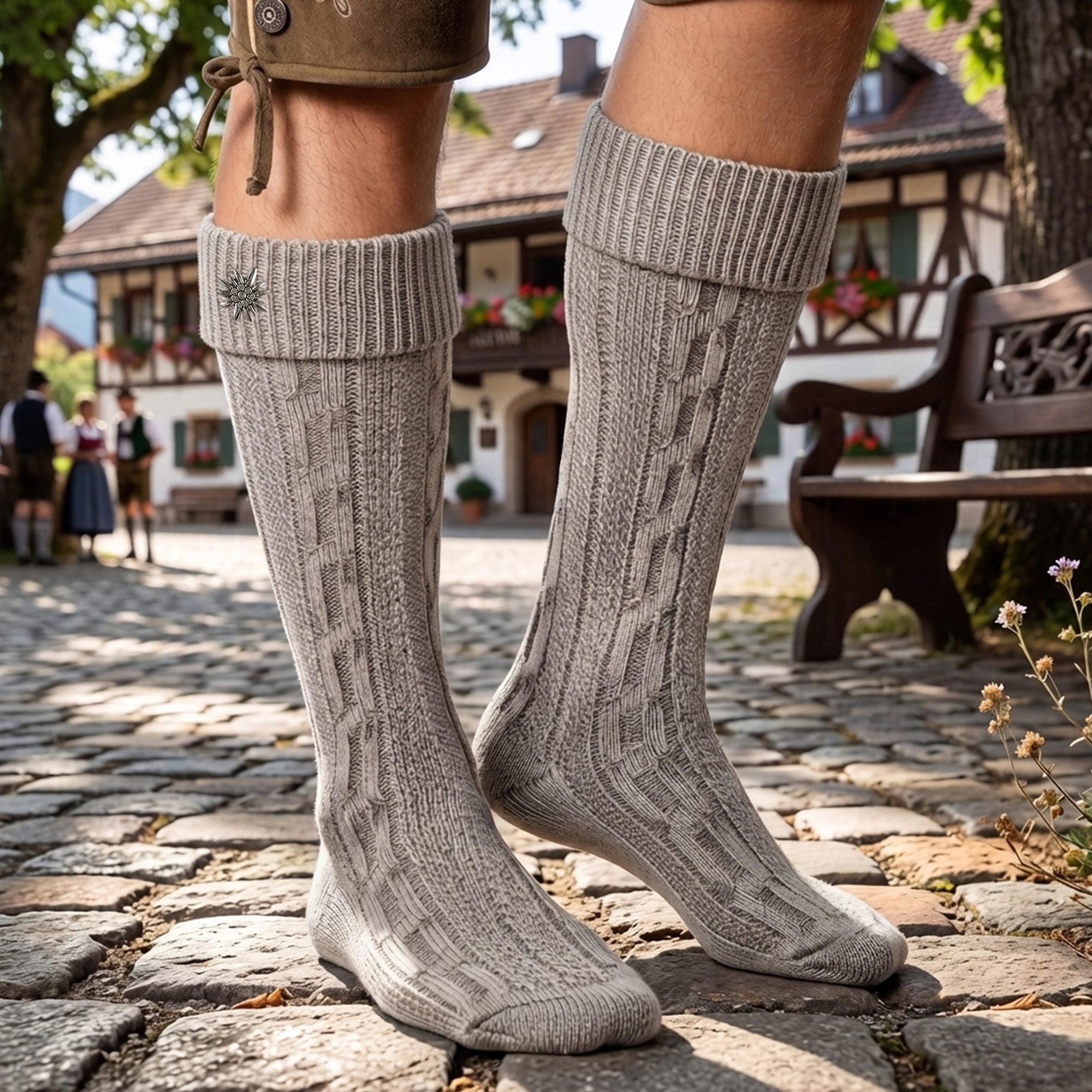 German Wear Trachtensocken GW200 Edelweiß Trachtensocken Trachtenstrümpfe Zopfmuster mit Edelweiß Pin 40cm