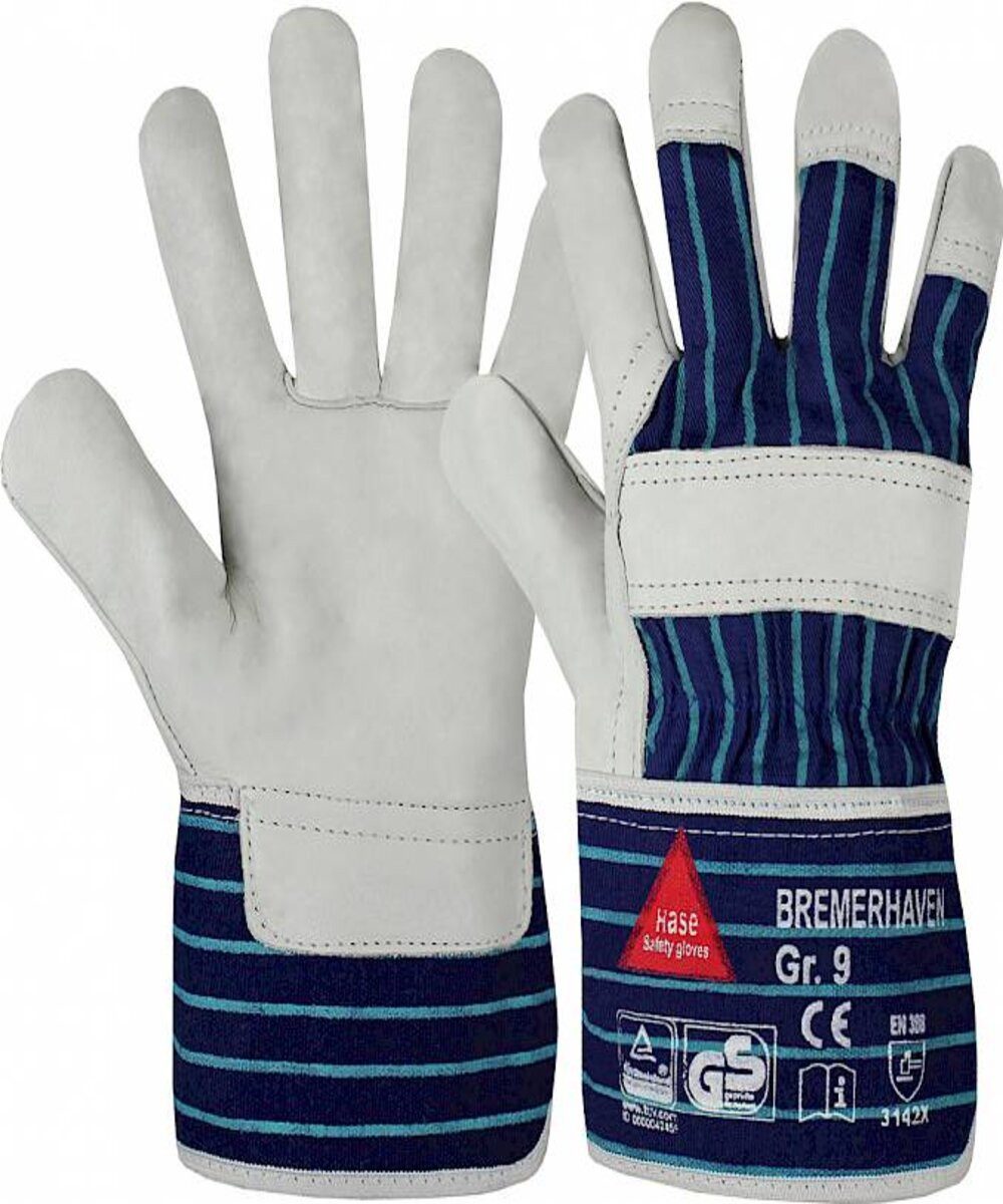 Hase Safety Gloves Leder-Arbeitshandschuhe Bremerhaven 5-Fg.-Sicherheitshandschuhe aus Vollleder (Packung, 12-St., VPE= 12 Paar, Gr 6-14) Atmungsaktiv/Robust