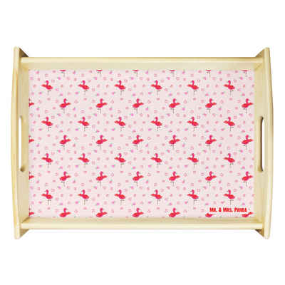 Mr. & Mrs. Panda Tablett Flamingo Yoga - Rosa - Geschenk, Dekotablett, Yogapose, Küchentablett, Echtholz lasiert, (1-tlg), Strahlender Aufdruck