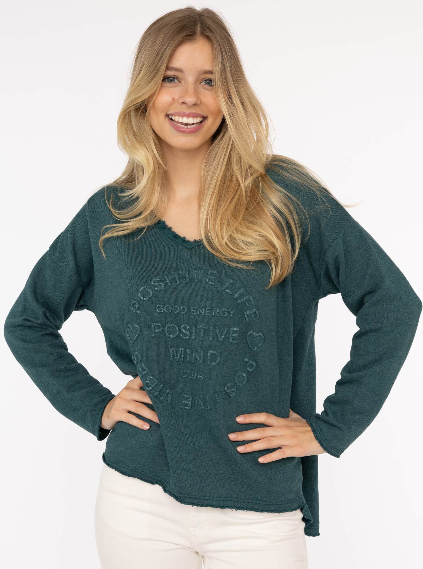 Zwillingsherz Sweatshirt "Positive Mind" ausgefranster V-Ausschnitt, günstig online kaufen