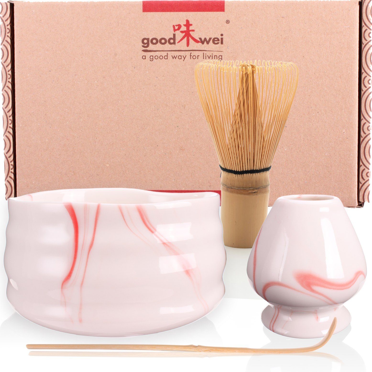 Goodwei Teeservice Matcha-Set "Pink Marmor" 80 mit Teeschale, Matchabesen und Besenhalter (4-tlg), 1 Personen, Keramik