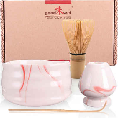 Goodwei Teeservice Matcha-Set "Pink Marmor" 80 mit Teeschale, Matchabesen und Besenhalter (4-tlg), 1 Personen, Keramik