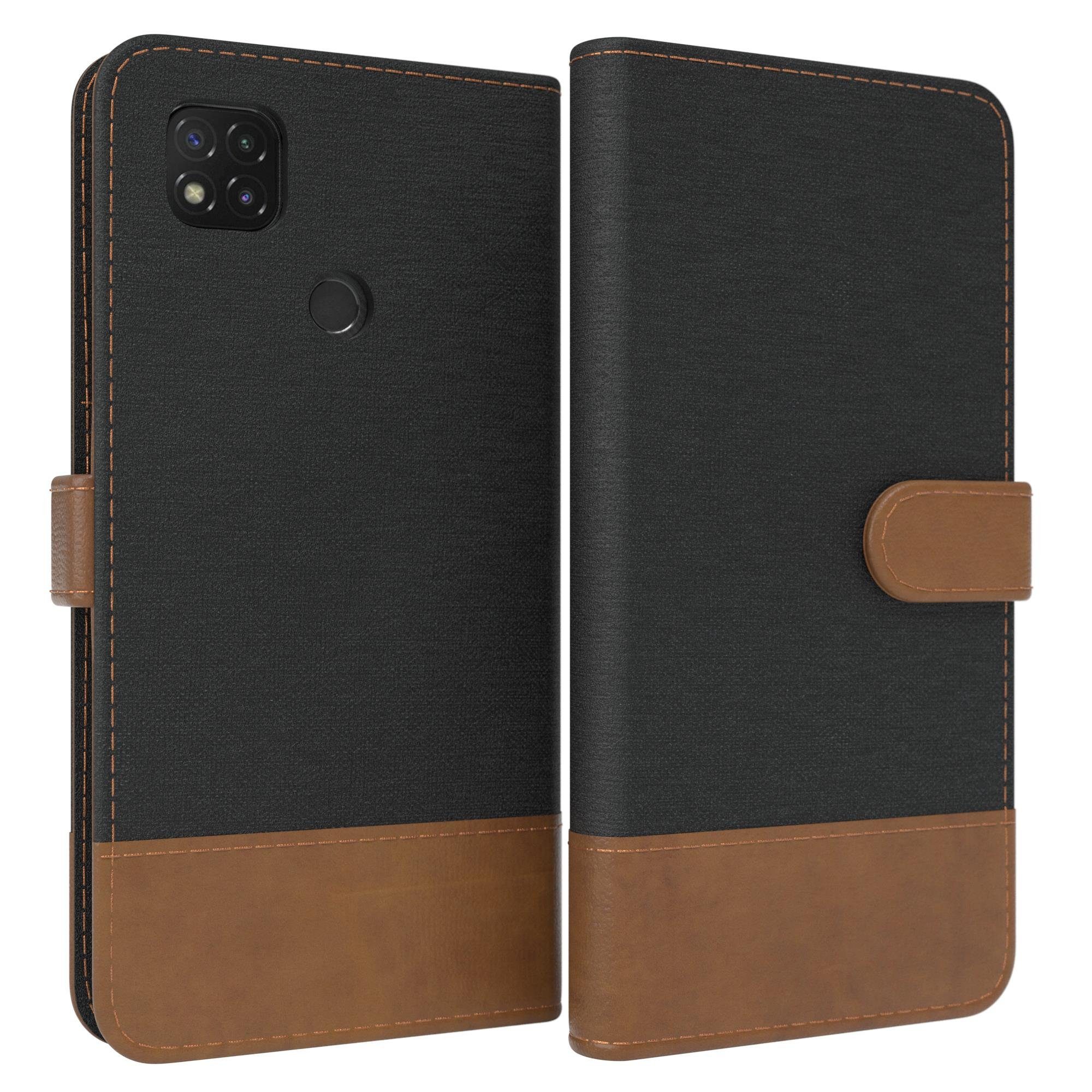 EAZY CASE Handyhülle Bookstyle Jeans für Xiaomi Redmi 9C 6,53 Zoll, Handytasche Jeans mit Standfunktion und Visitenkartenfach Schwarz