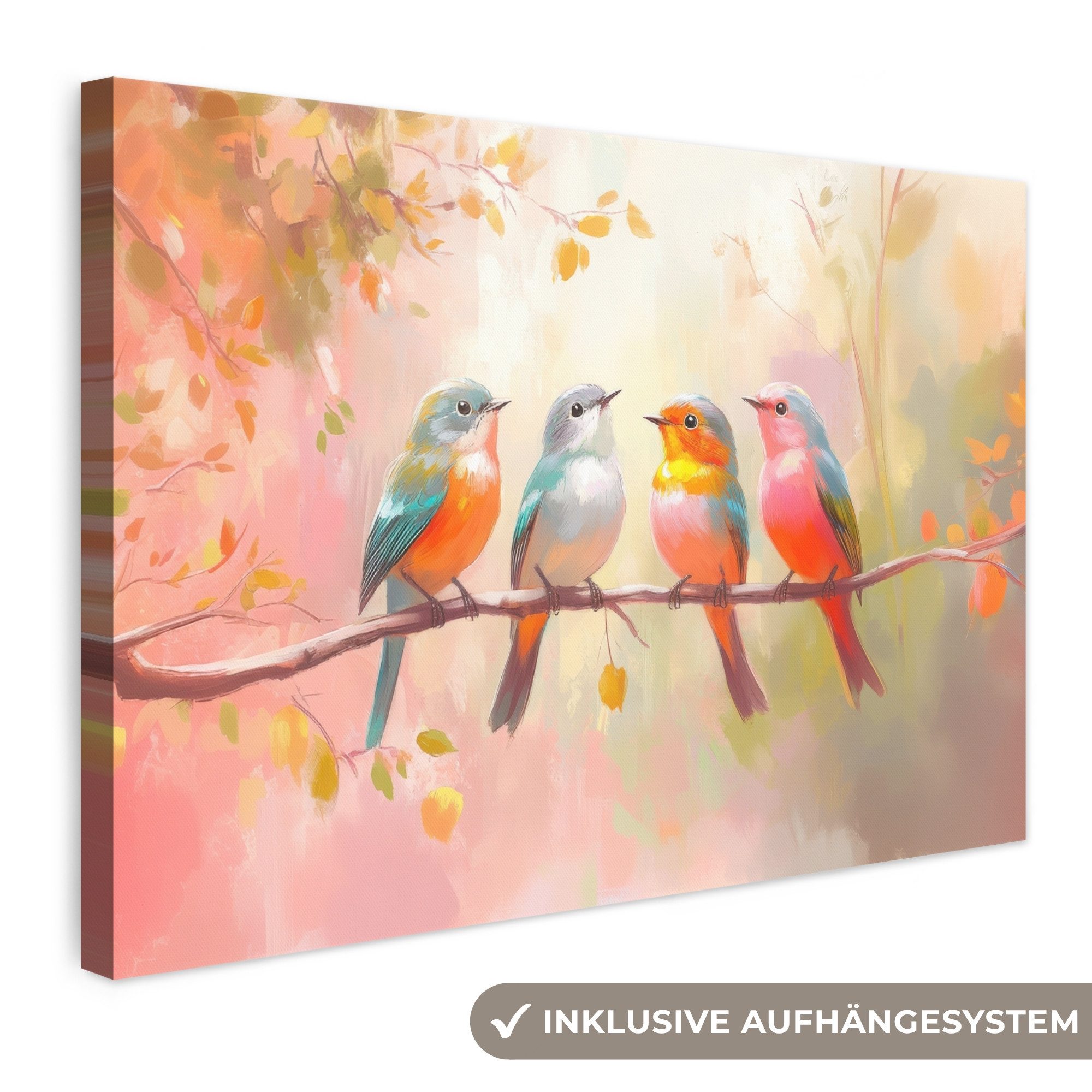 OneMillionCanvasses® Leinwandbild Vögel - Bunt - Zweig, Fotodruck (1 St), Leinwand Bilder Klein, Wand Dekoration Aesthetic 30x20 cm